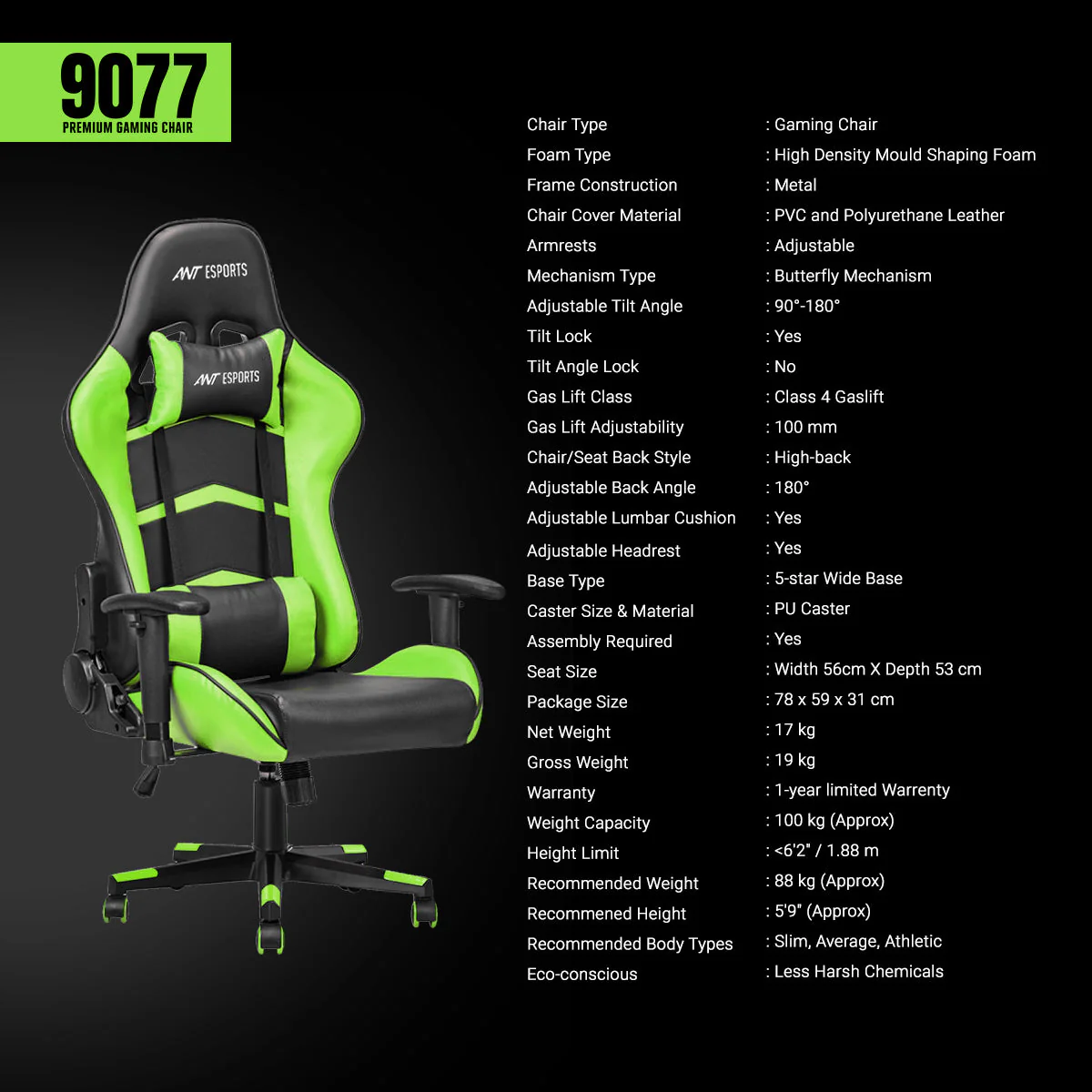 Ant Esports 9077 Adjustable Ergonomic Gaming Chair (Black & Green) - Image 9