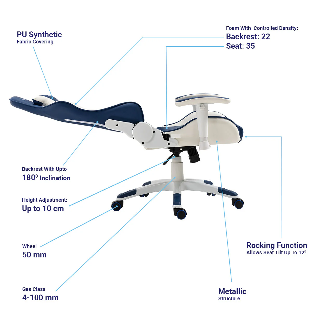 Ant Esports 9077 Adjustable Ergonomic Gaming Chair (White & Blue) - Image 4
