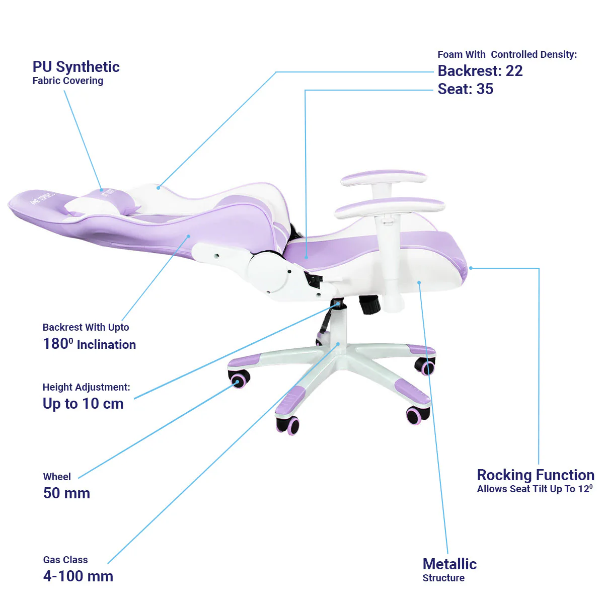 Ant Esports 9077 Adjustable Ergonomic Gaming Chair (White & Purple) - Image 6