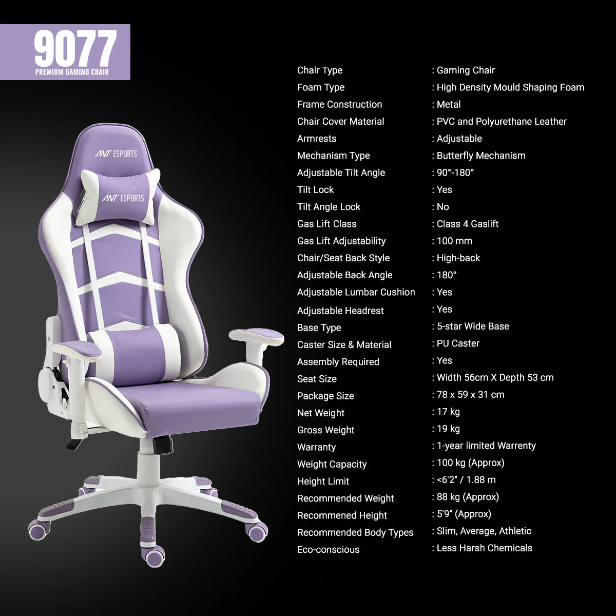 Ant Esports 9077 Adjustable Ergonomic Gaming Chair (White & Purple) - Image 9