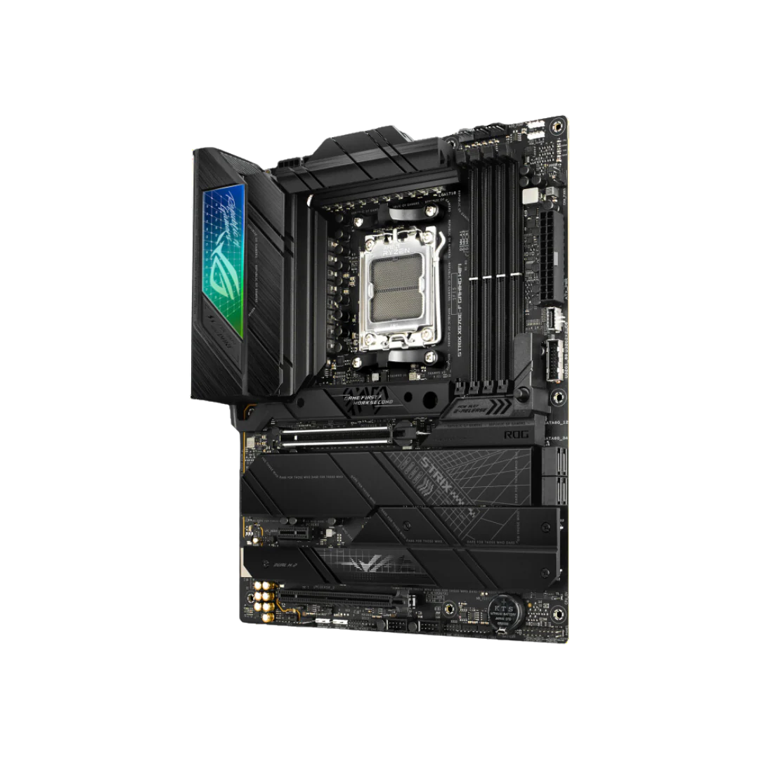 ASUS ROG STRIX X670E-F GAMING WIFI - ATX Motherboard with AMD X670 Chipset, Wi-Fi 6E, Bluetooth v5.2, 1 x USB 3.2 Gen 2x2 port, and M.2 heatsinks.
