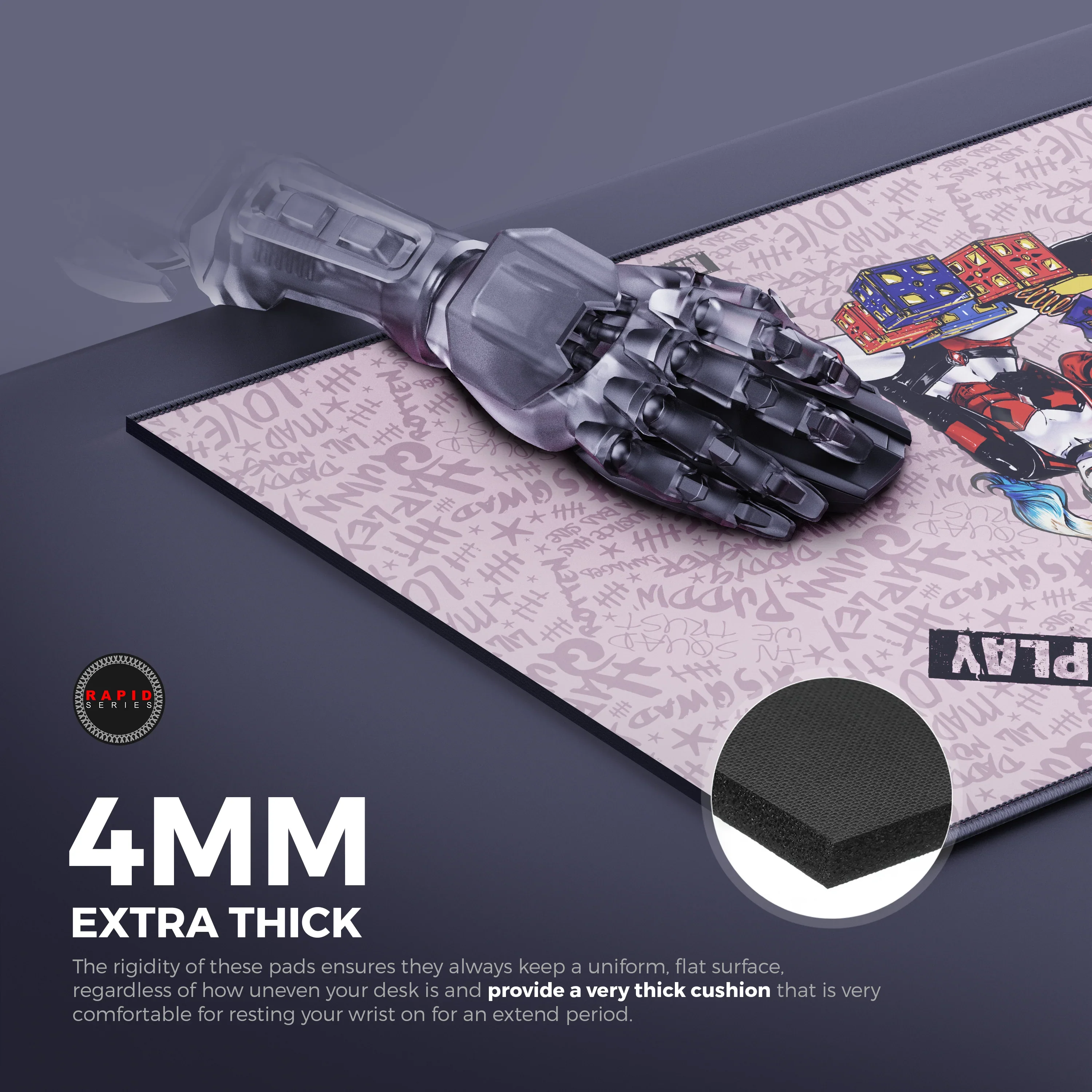 Cybeart Harley Quinn Gaming Desk Mat (XXL - 900x400x4mm) Waterproof, Never Slip Base, Stitched Edges, Esports Grade - Image 7