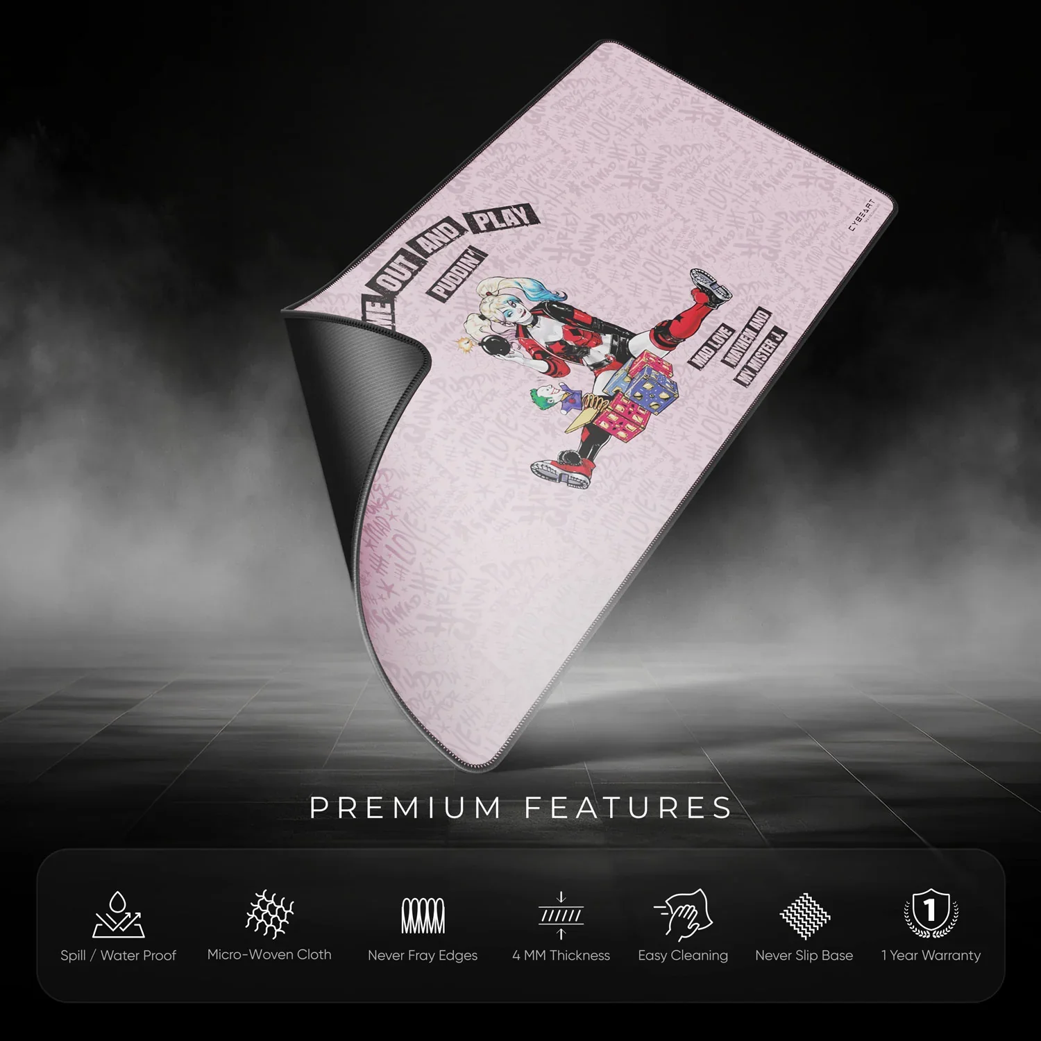 Cybeart Harley Quinn Gaming Desk Mat (XXL - 900x400x4mm) Waterproof, Never Slip Base, Stitched Edges, Esports Grade - Image 9