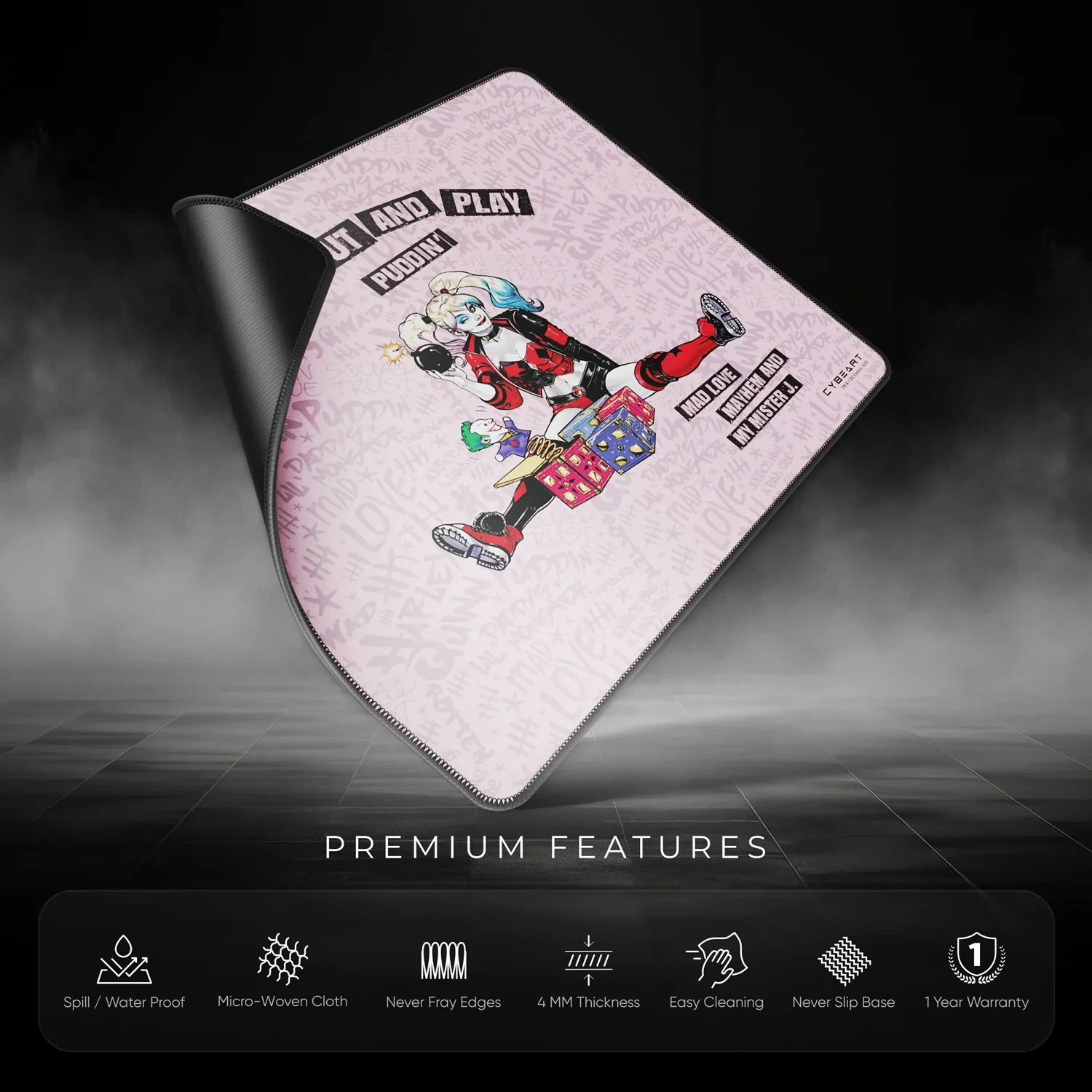 Cybeart Harley Quinn Gaming Mouse Pad (Large - 450x400x4mm) Waterproof, Never Slip Base, Stitched Edges, Esports Grade - Image 9
