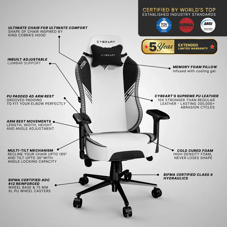 CYBEART House Stark Gaming Office Chair - Game of Thrones 4D Armrest Inbuilt Lumbar Support Supreme PU Leather, Ergonomic, Recline & Tilt - Image 12