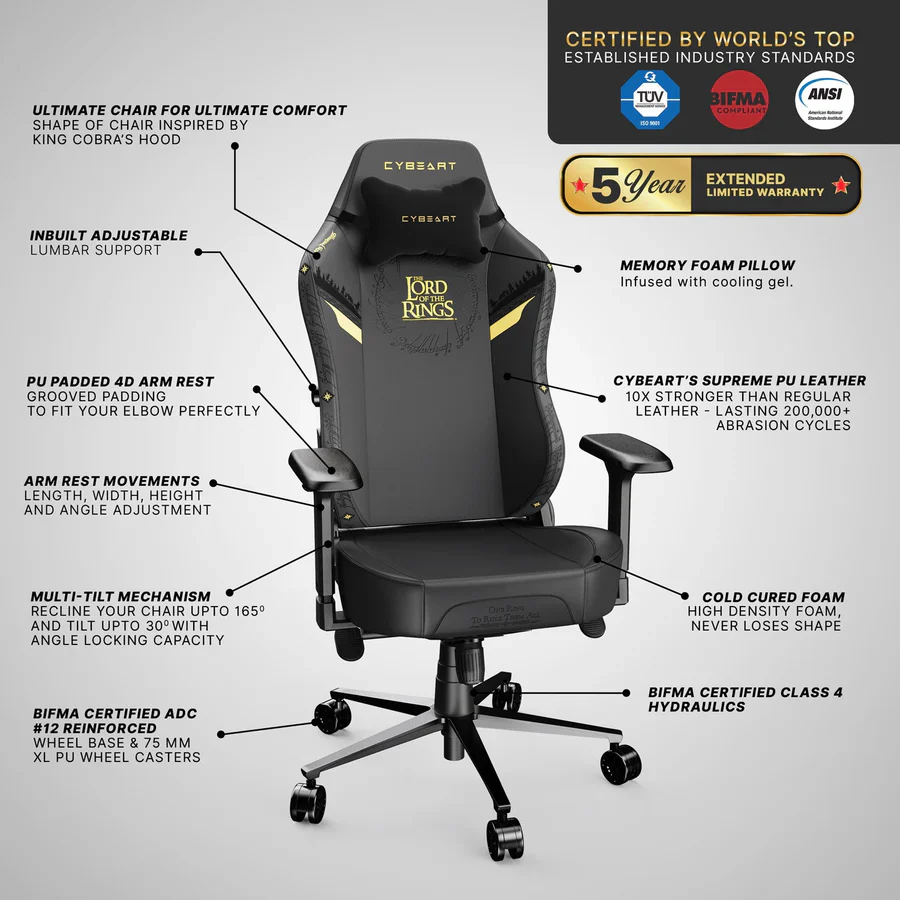 CYBEART Lord of the Rings Blacked Edition Gaming Office Chair 4D Armrest Inbuilt Lumbar Support Supreme PU Leather, Ergonomic, Recline & Tilt - Image 12