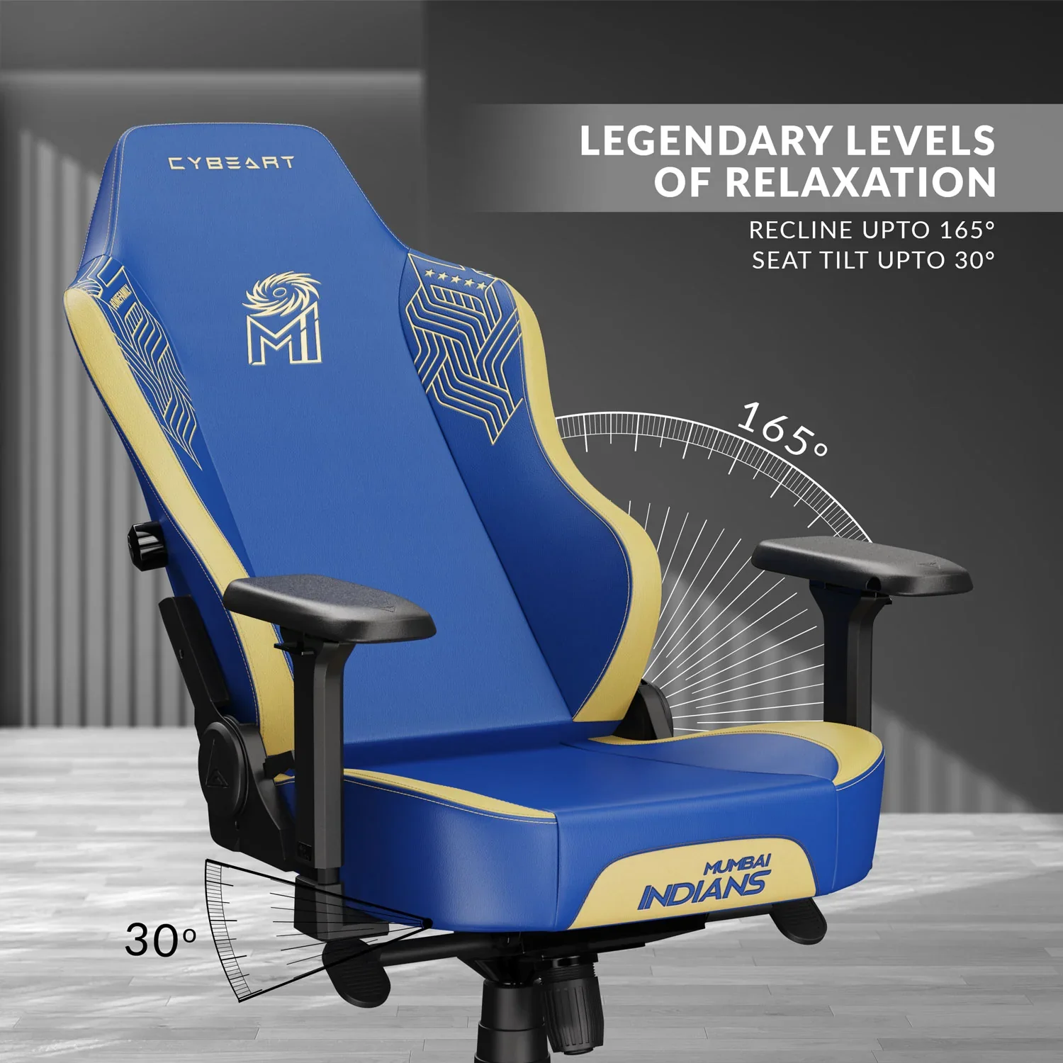 CYBEART Mumbai Indians Gaming Office Chair 4D Armrest Inbuilt Lumbar Support Supreme PU Leather, Ergonomic, Recline & Tilt - Image 6