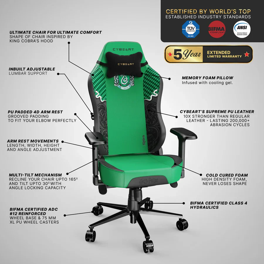 CYBEART Slytherin Gaming Office Chair - Harry Potter 4D Armrest Inbuilt Lumbar Support Supreme PU Leather, Ergonomic, Recline & Tilt - Image 12
