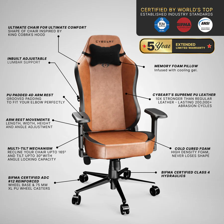 CYBEART Vintage Gaming Office Chair 4D Armrest Inbuilt Lumbar Support Supreme PU Leather, Ergonomic, Recline & Tilt - Image 10