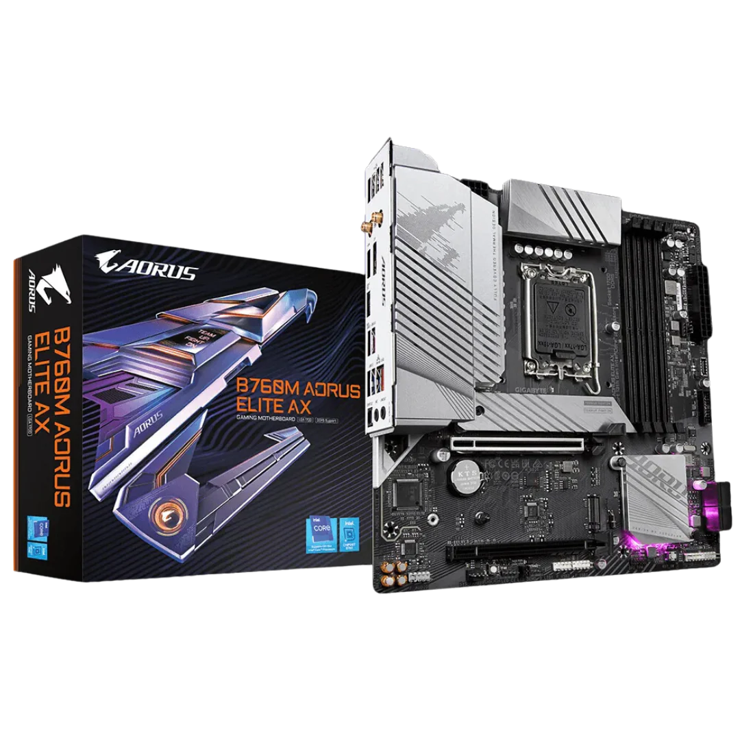 Gigabyte B760M AORUS ELITE AX Micro ATX Motherboard, LGA1700, Intel B760 Express Chipset, Support for DDR5 7800(O.C.), Realtek Audio & 2.5GbE LAN, Intel Wi-Fi 6E AX211