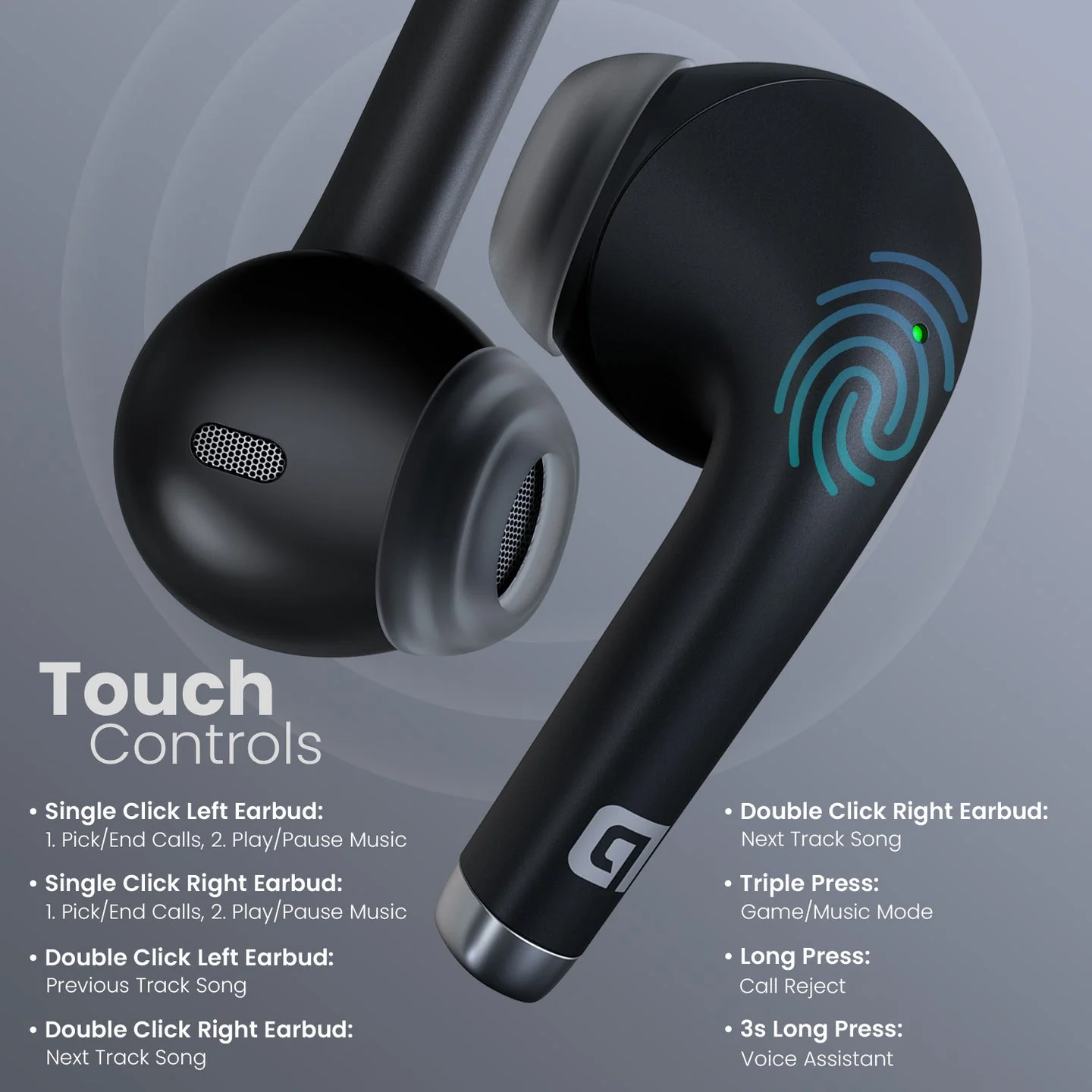 PORTRONICS Harmonics Twins S19 | Unique Earbuds Design | Game/Music Mode | Touch Control | Type C Fast Charging - Image 6