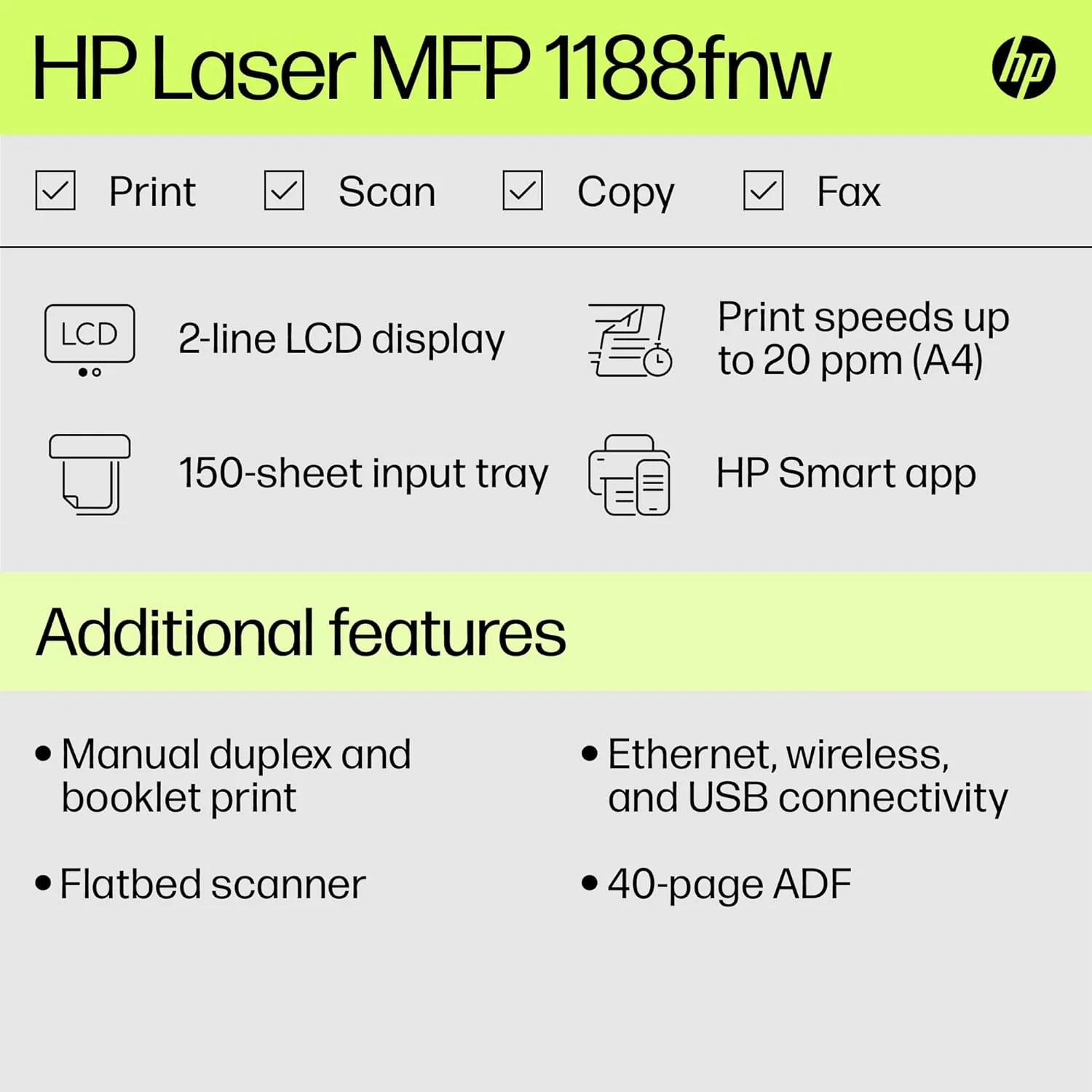 HP Laser 1188FNW MFP ADF Printer | Print, Copy, Scan and Fax for Home and Office - Image 4
