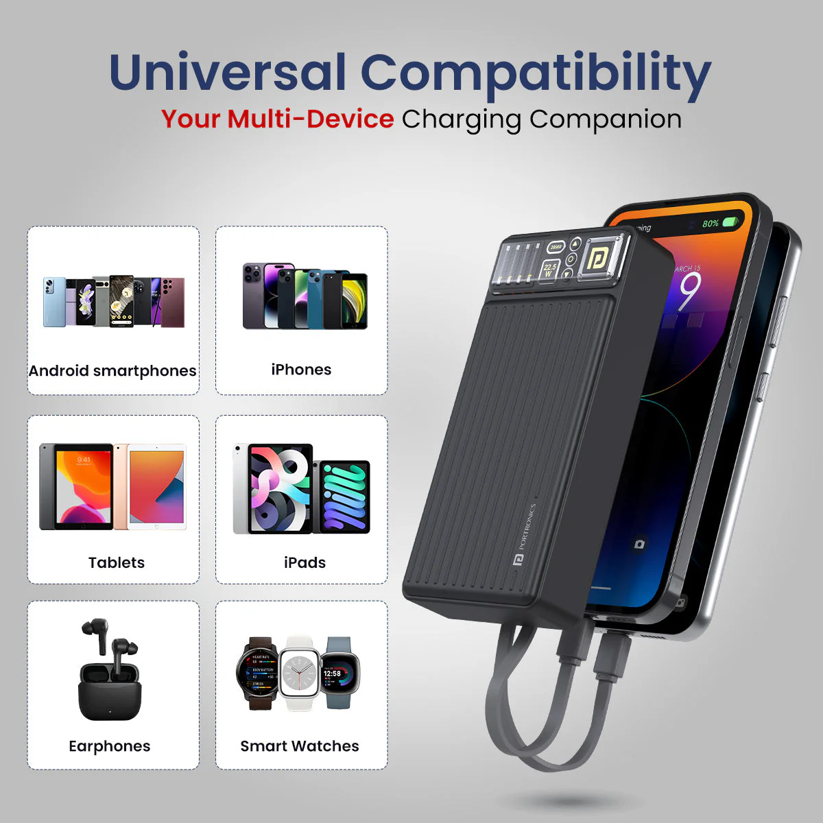 PORTRONICS Luxcell Bind 20K Powerbank | LED Indicator |In Built Charging Cable |Dual Output |Wake Up Button - Image 4