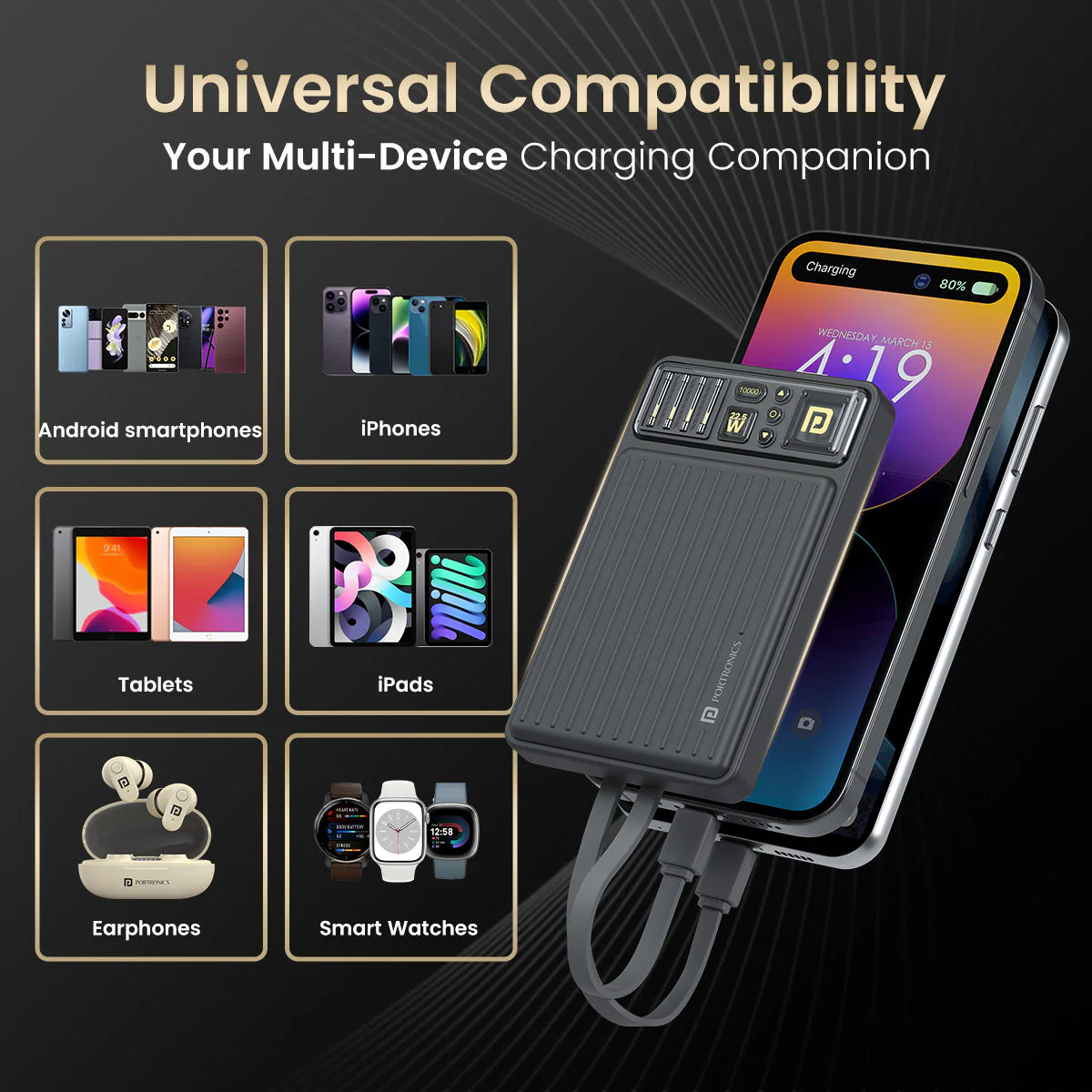 PORTRONICS Luxcell Bind Mini 10K Powerbank | In Built Type C & 8 Pin Cable |22.5W Fast Charging |Compact & Light Weight |Triple Output - Image 10