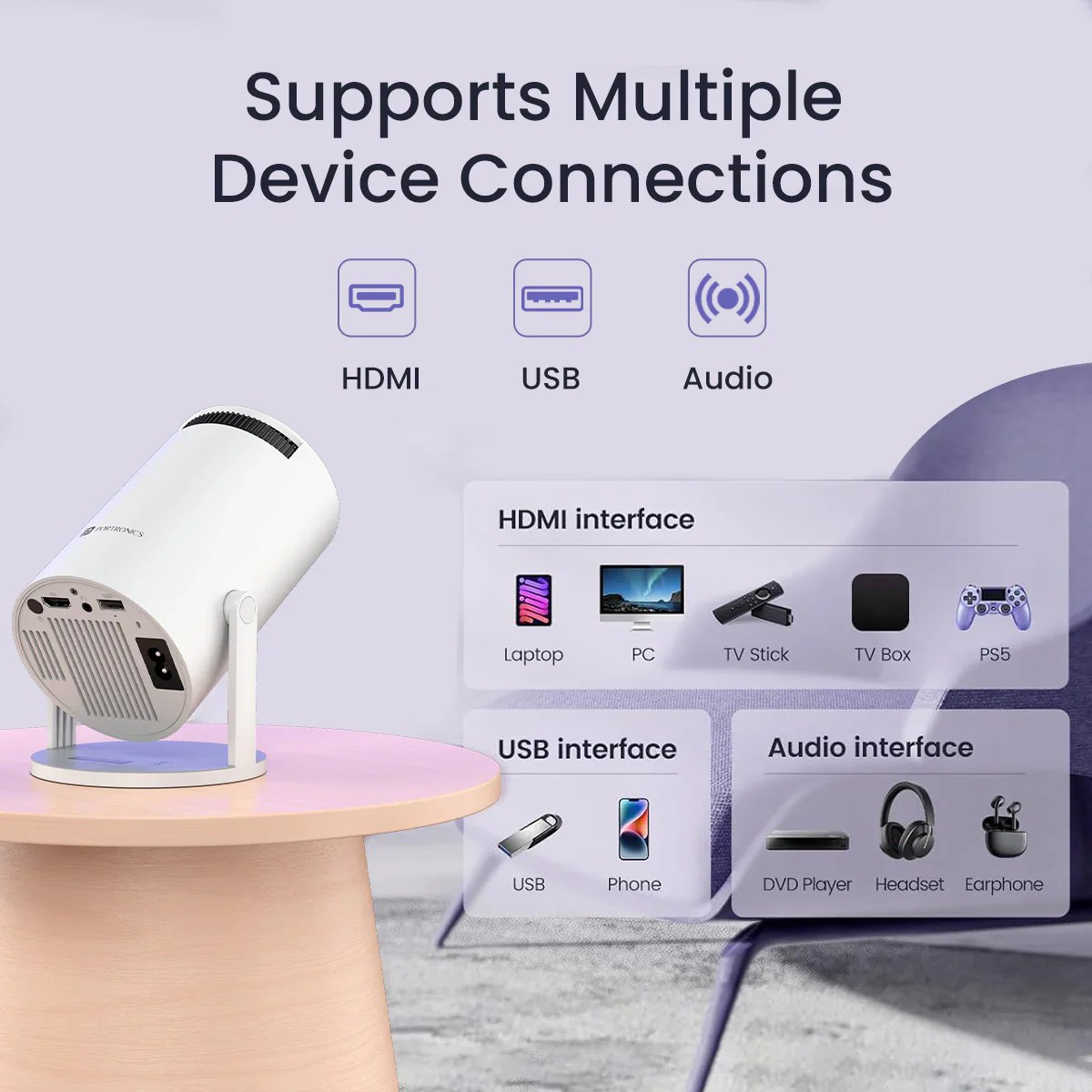 PORTRONICS Beem 440 Smart Android Projector | Smart LED Projector | 720p HD Resolution | Rotatable Design | 2000 Lumens - Image 2