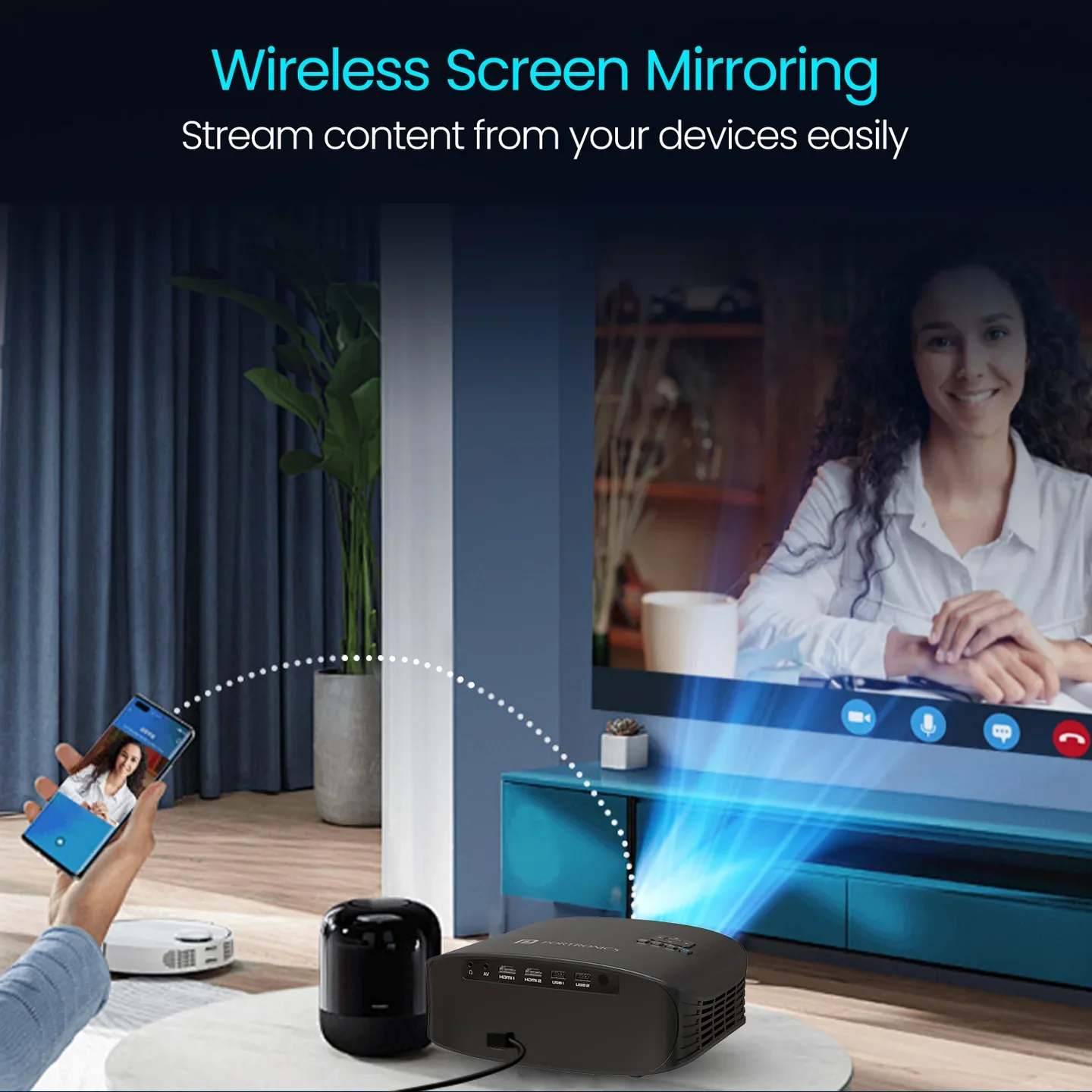 PORTRONICS Beem 490 6000 Lumens Smart Led Projector | Streaming Apps | 1080p Full HD | 6000 Lumens | 5W Speaker - Image 8