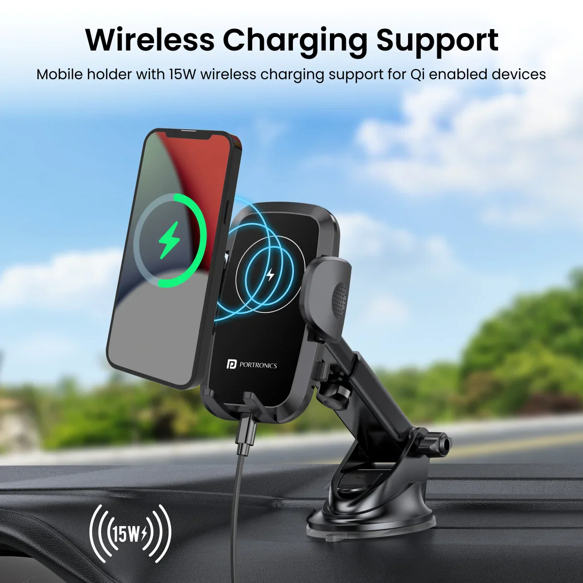PORTRONICS Charge Clamp 2 Mobile Holder with Wireless Charging | Type-C | 360 Rotation | Sturdy Build | LED Display | - Image 3