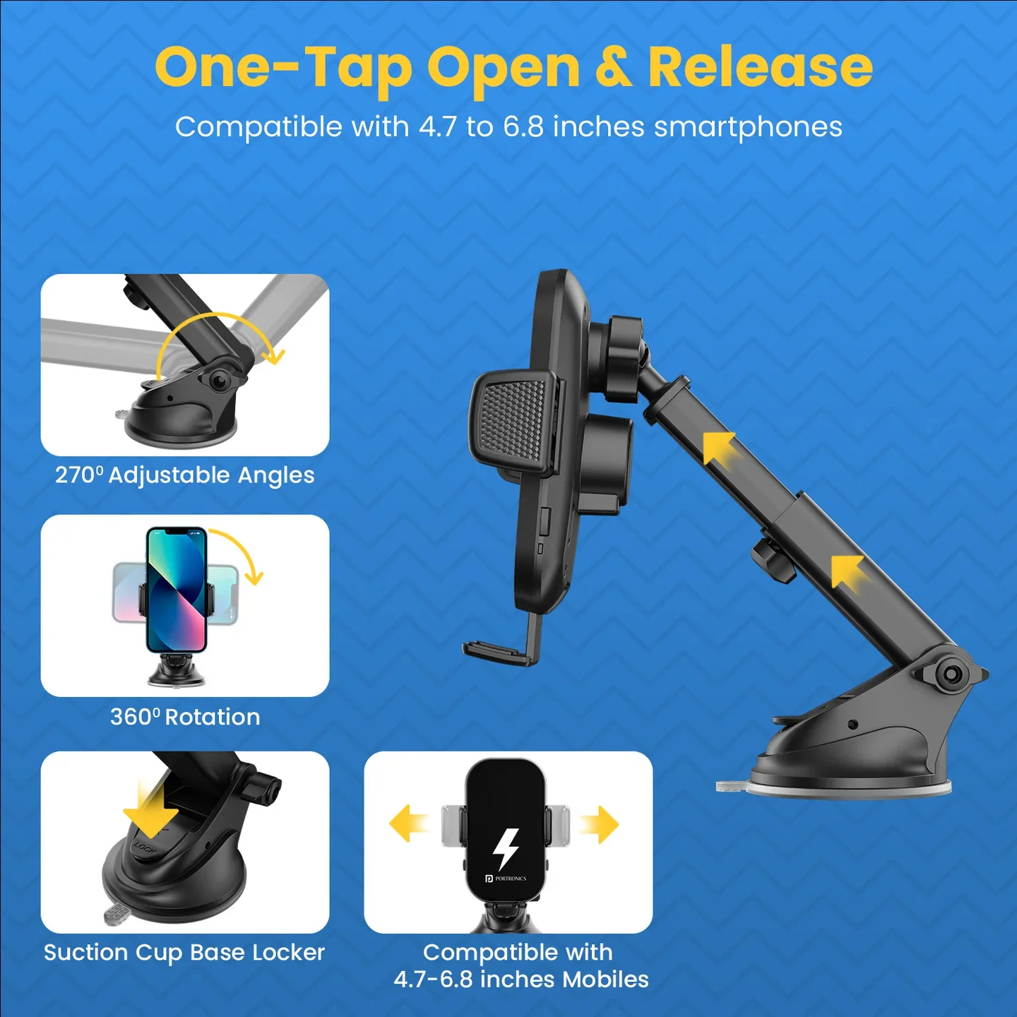 PORTRONICS Charge Clamp 3 15w Mobile Holder with Wireless Charging | 15-Watt Qi Charging | Type-C Input | LED display light | Sturdy & Secure Grip - Image 5