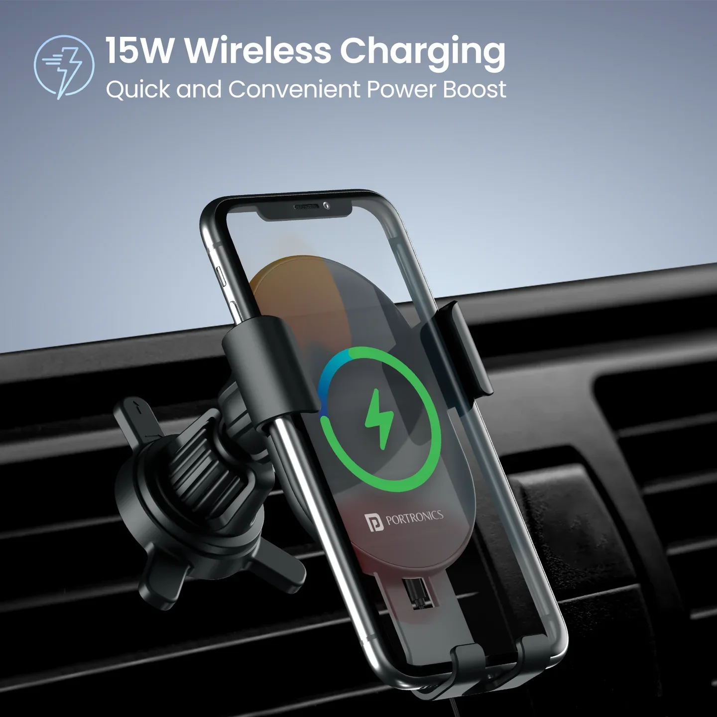 PORTRONICS Charge Clamp 4 15W Wireless Car Charger | Wireless Car Charger | AC Vent Mount | 15 Watts Output | 360° Rotation - Image 2