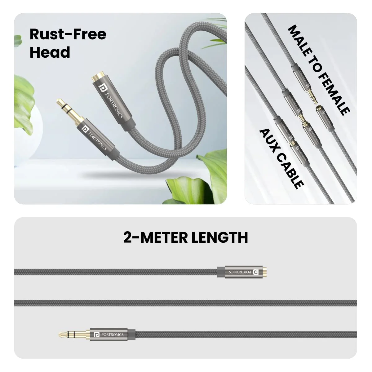 PORTRONICS Konnect Aux 8 High Quality Male to Female Aux Cable | nylon Braided | Universal Compatible | No Tangle | Metal Heads - Image 6