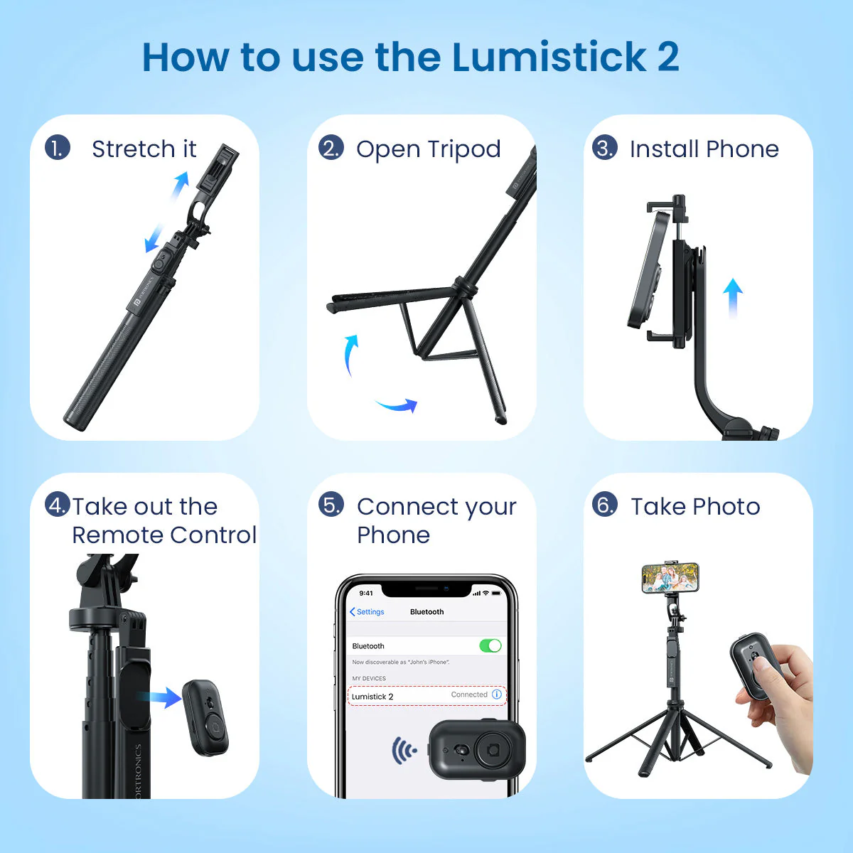 PORTRONICS Lumistick 2 - Smart Selfie Stick Adjustable 4 Legs | Bluetooth Remote Control | 360Â° Angular Adjustment - Image 9