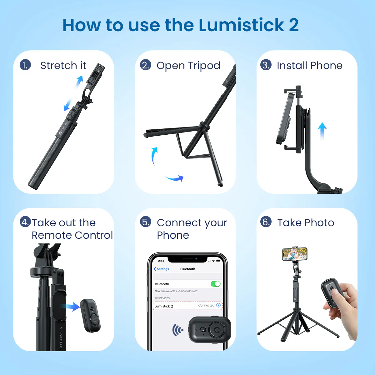 PORTRONICS Lumistick 2 Smart Selfie Stick with Adjustable 4 Legs | Bluetooth Remote Control | 360° Angular Adjustment - Image 6