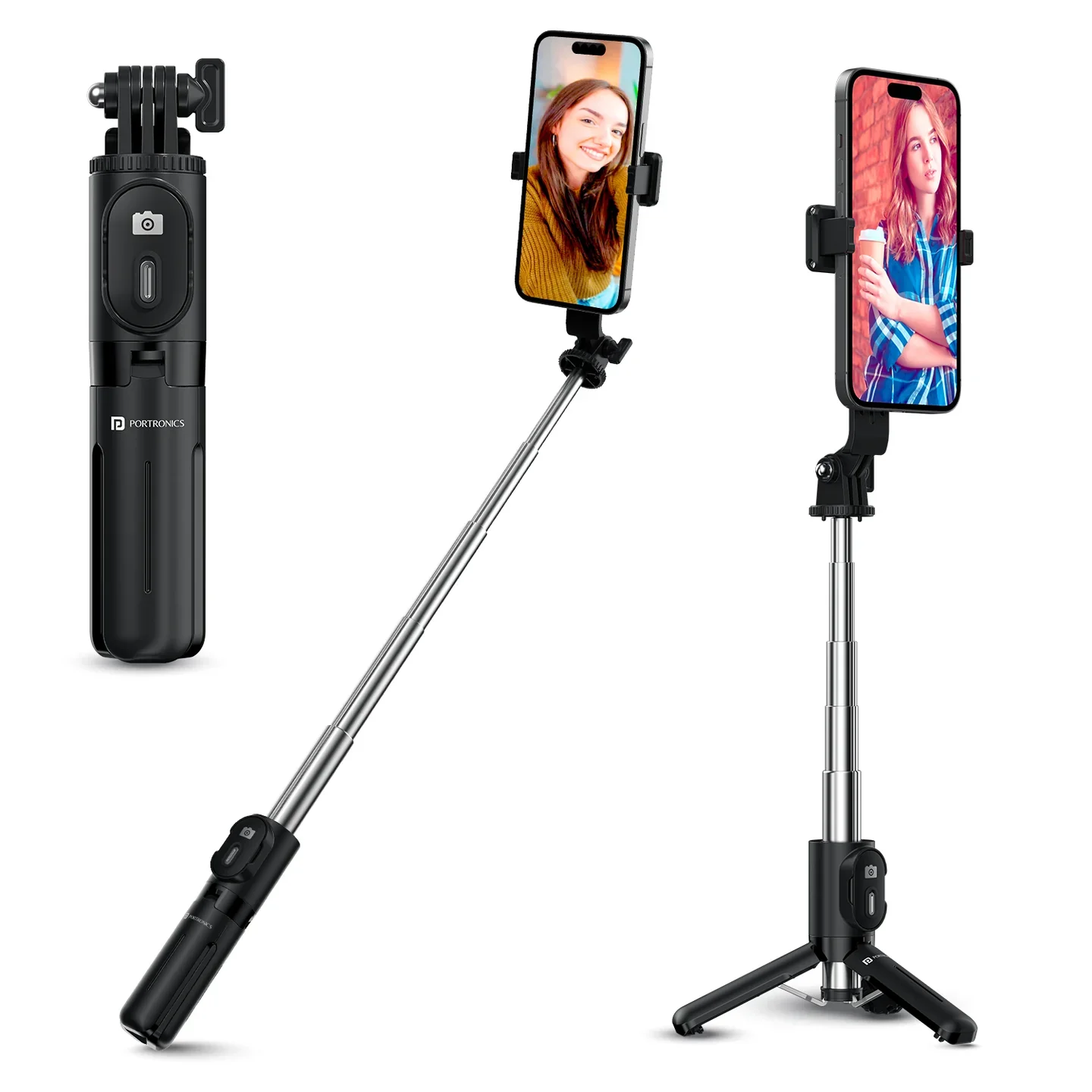 PORTRONICS Lumistick Mini Adjustable Smart Selfiestick & Tripod | Stainless Steel Rod| 30 Inch Extendable Height | Bluetooth Remote |Tripod Stand