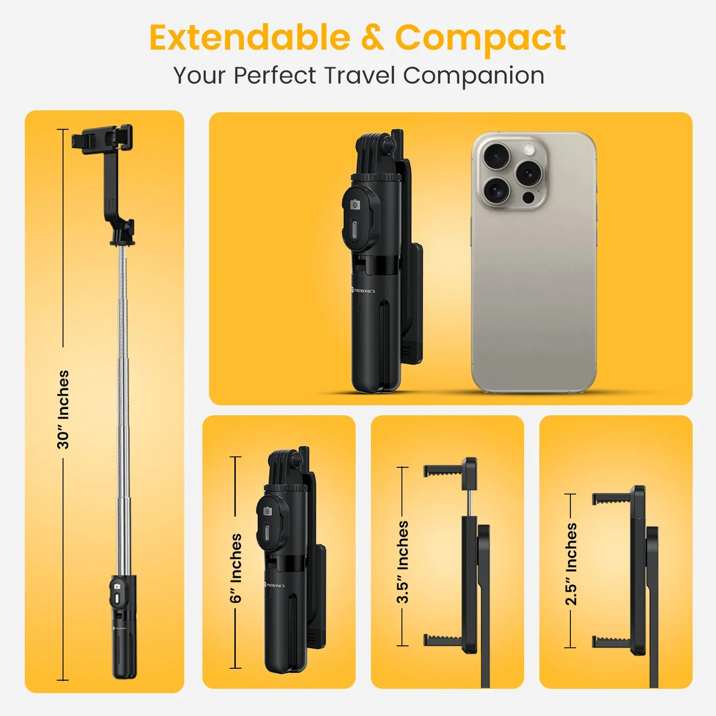 PORTRONICS Lumistick Mini Adjustable Smart Selfiestick & Tripod | Stainless Steel Rod| 30 Inch Extendable Height | Bluetooth Remote |Tripod Stand - Image 8