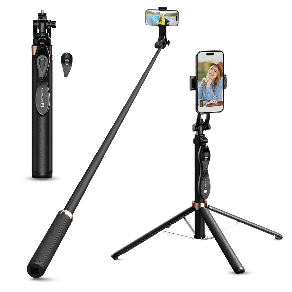 PORTRONICS Lumistick Pro Smart Selfie Stick | Enhanced Stability Tripod | Detachable Bluetooth Remote | Unlimited Angles, Seamless Rotation