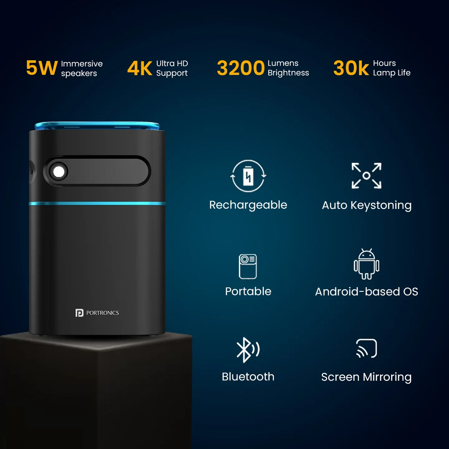PORTRONICS Pico 12 Smart LED Wireless Portable Projector | Smart DLP Projector | Rechargeable | Android 11-based OS | 4K UHD Support - Image 8