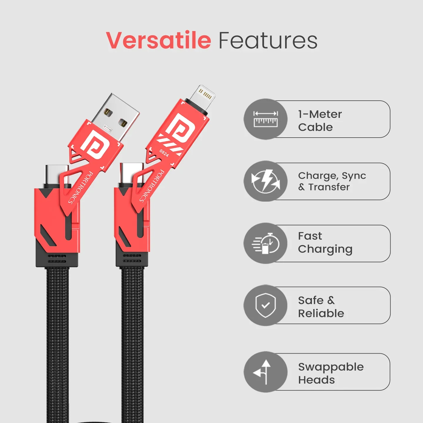 PORTRONICS Pro Charge 4 4 In 1Multi Functional Cable | Zinc Metal Alloy Head | 60W Max Out Output | Tangle Free Flat Cable | Strong Braided Cable - Image 6