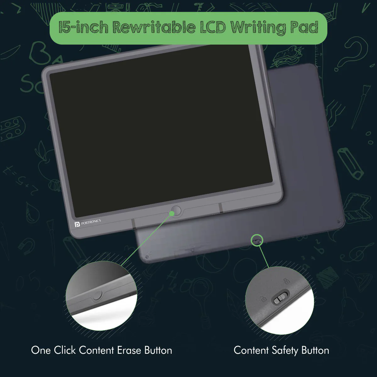 PORTRONICS Ruffpad 15" Re-Writable Writing Pad | Monocolor LCD | One-Tap Erase | 15 Inches Screen | Smart Lock - Image 5