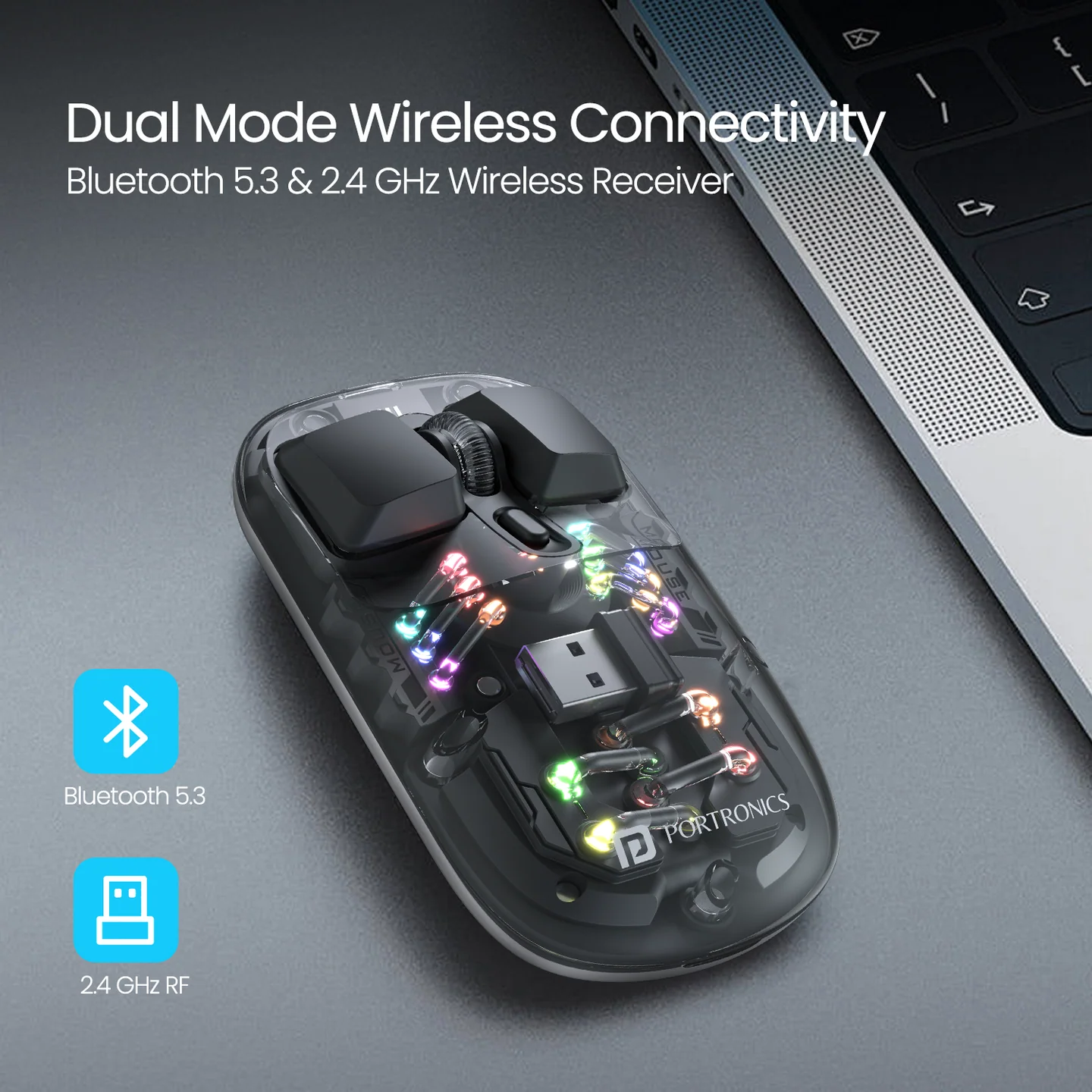 PORTRONICS Toad 5 Transparent Wireless Mouse Bluetooth & 2.4 GHz Wireless | Rechargeable | RGB Lighting | Keyboard-like Buttons - Image 12
