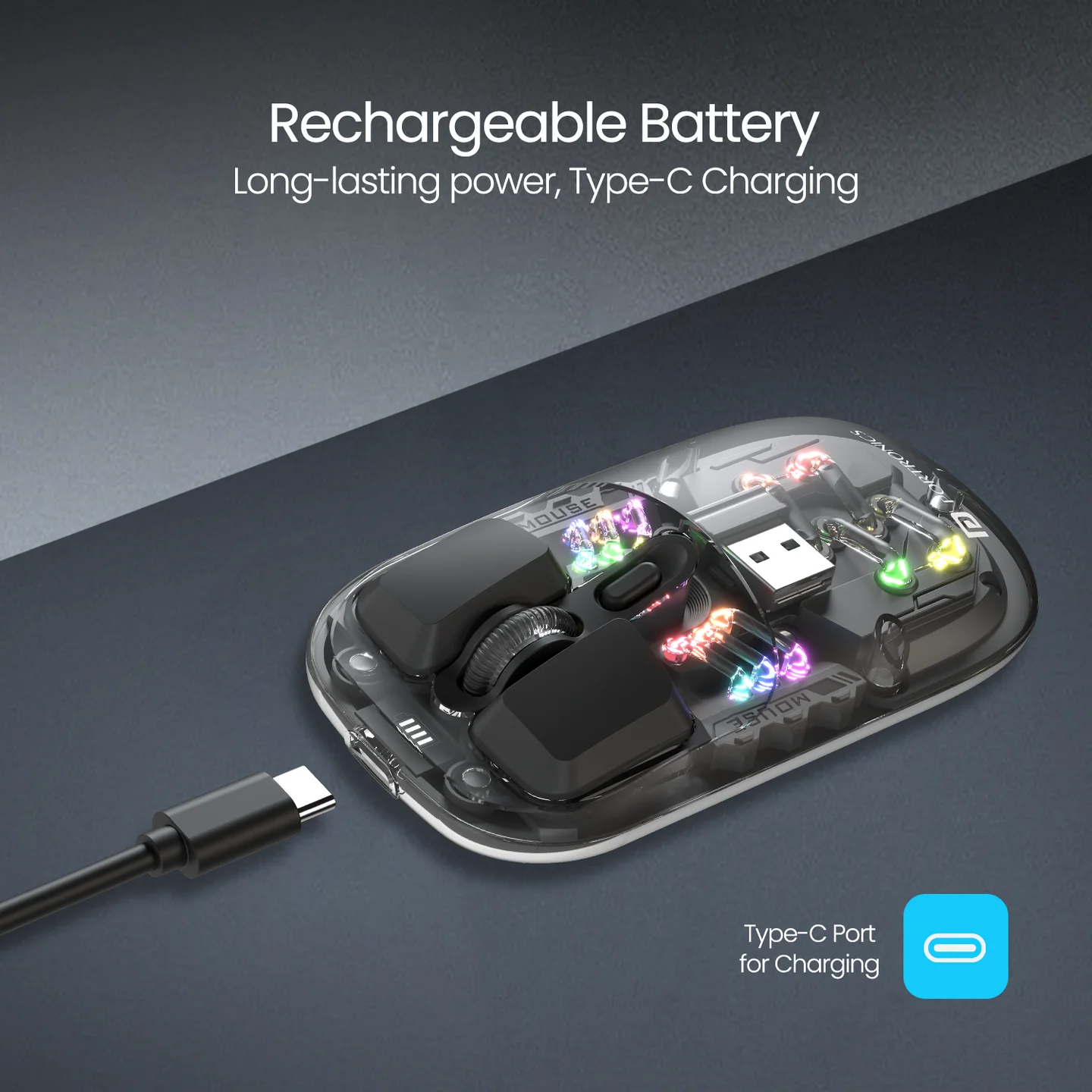 PORTRONICS Toad 5 Transparent Wireless Mouse Bluetooth & 2.4 GHz Wireless | Rechargeable | RGB Lighting | Keyboard-like Buttons - Image 21