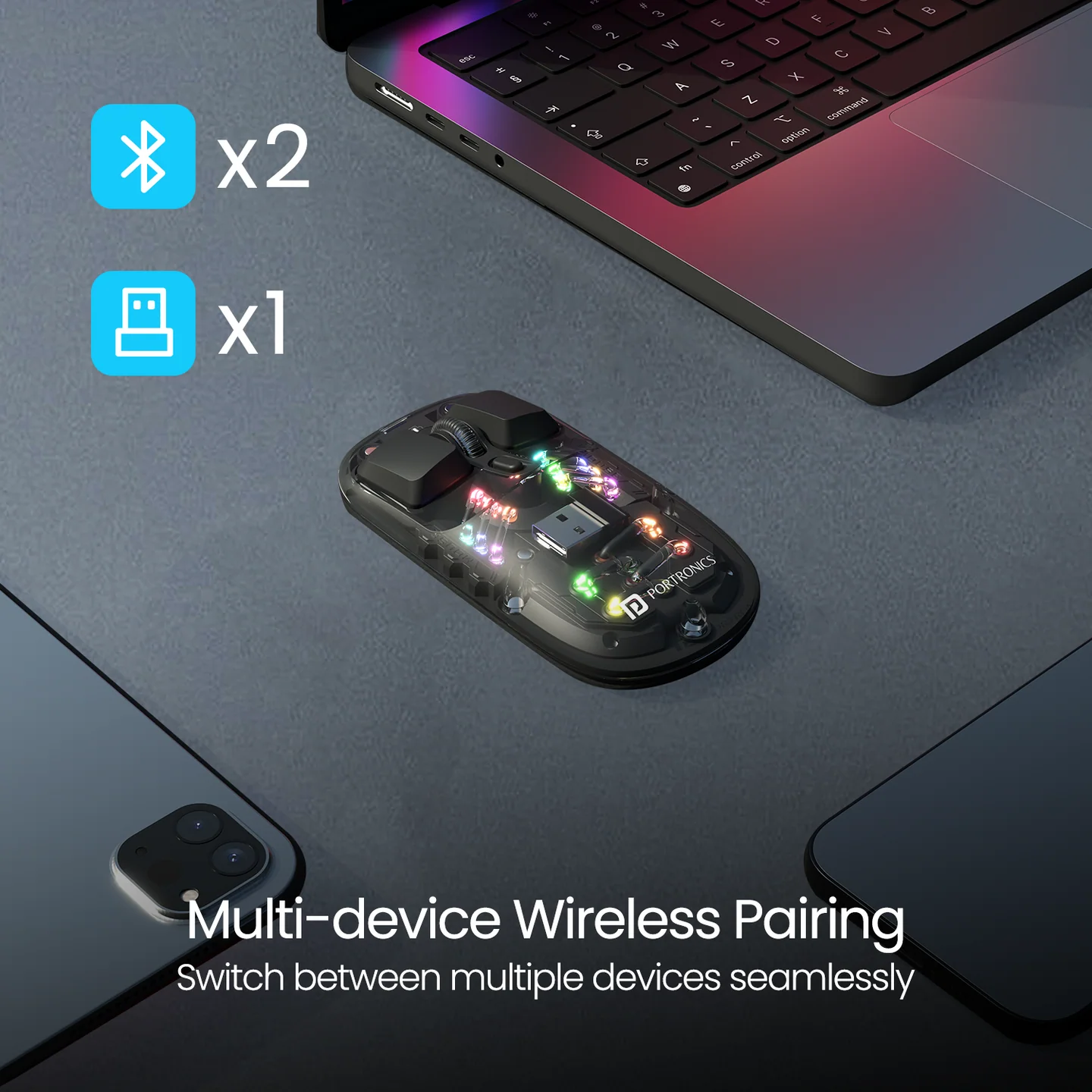 PORTRONICS Toad 5 Transparent Wireless Mouse Bluetooth & 2.4 GHz Wireless | Rechargeable | RGB Lighting | Keyboard-like Buttons - Image 6