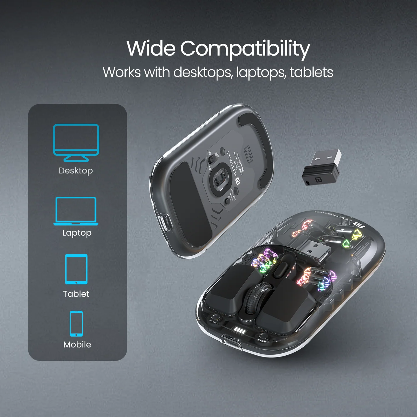 PORTRONICS Toad 5 Transparent Wireless Mouse Bluetooth & 2.4 GHz Wireless | Rechargeable | RGB Lighting | Keyboard-like Buttons - Image 8