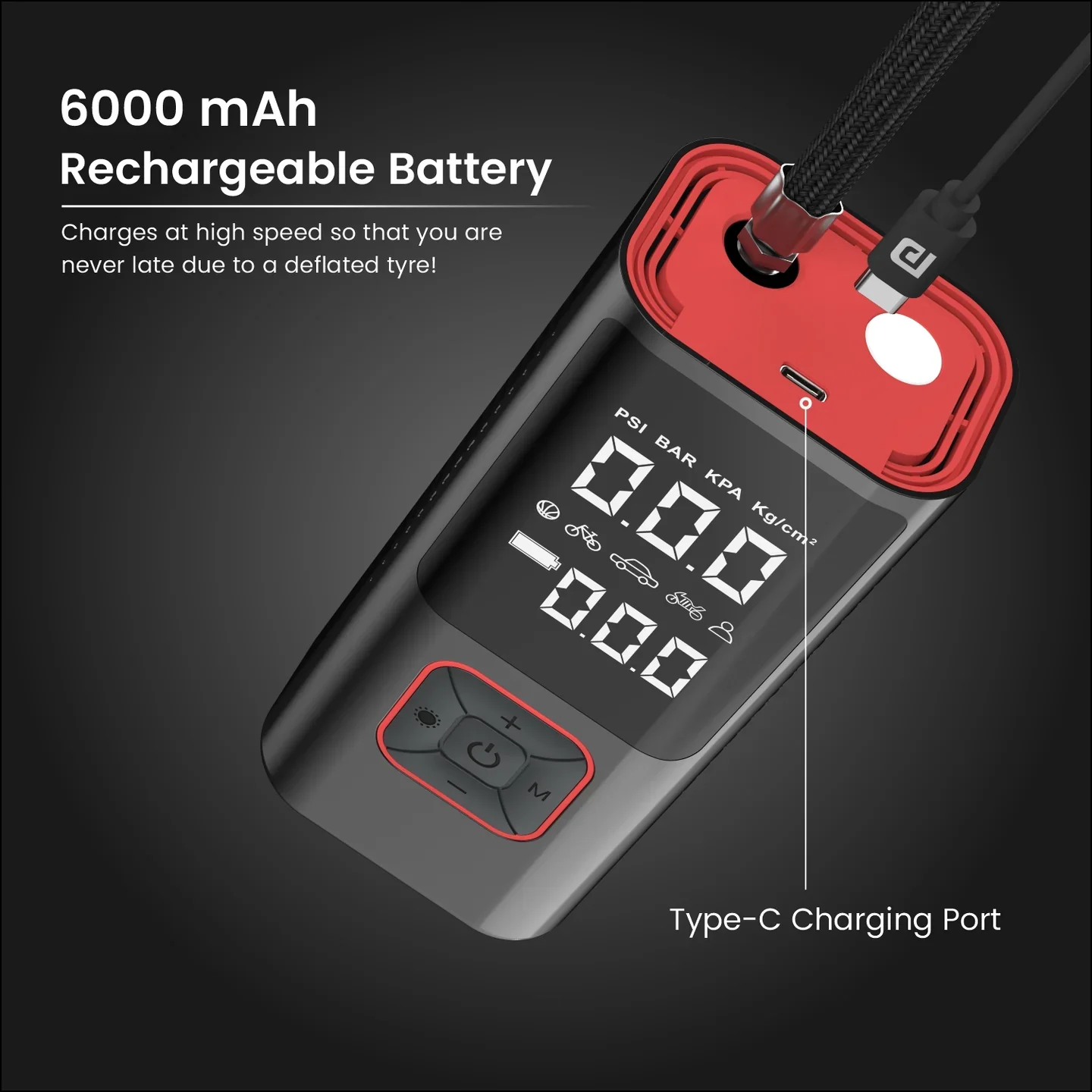 PORTRONICS Vayu 2.0 Rechargeable Tyre Inflator | 6000 mAh | Flashlight | LED Display | Type-C Charging - Image 3