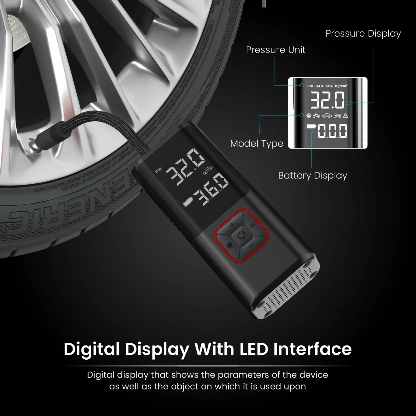 PORTRONICS Vayu 2.0 Rechargeable Tyre Inflator | 6000 mAh | Flashlight | LED Display | Type-C Charging - Image 5