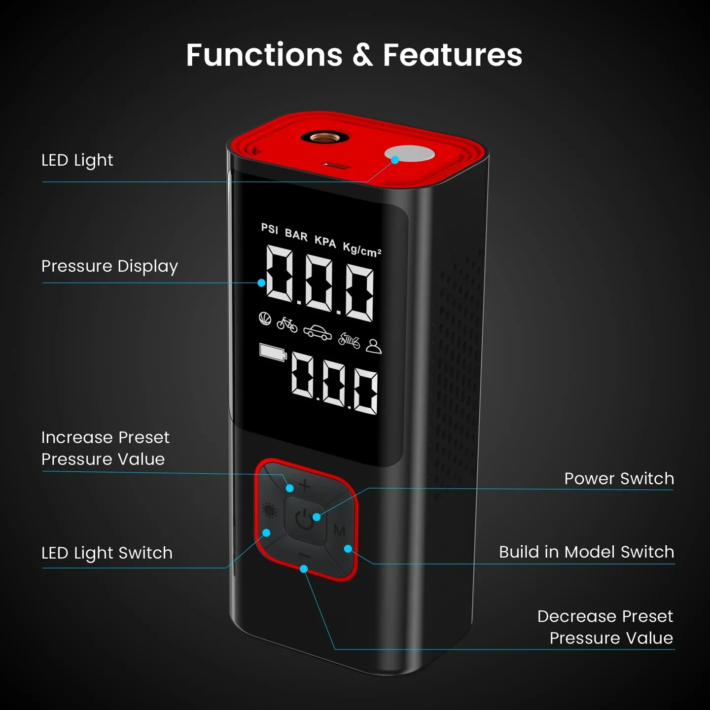 PORTRONICS Vayu 2.0 Rechargeable Tyre Inflator | 6000 mAh | Flashlight | LED Display | Type-C Charging - Image 7