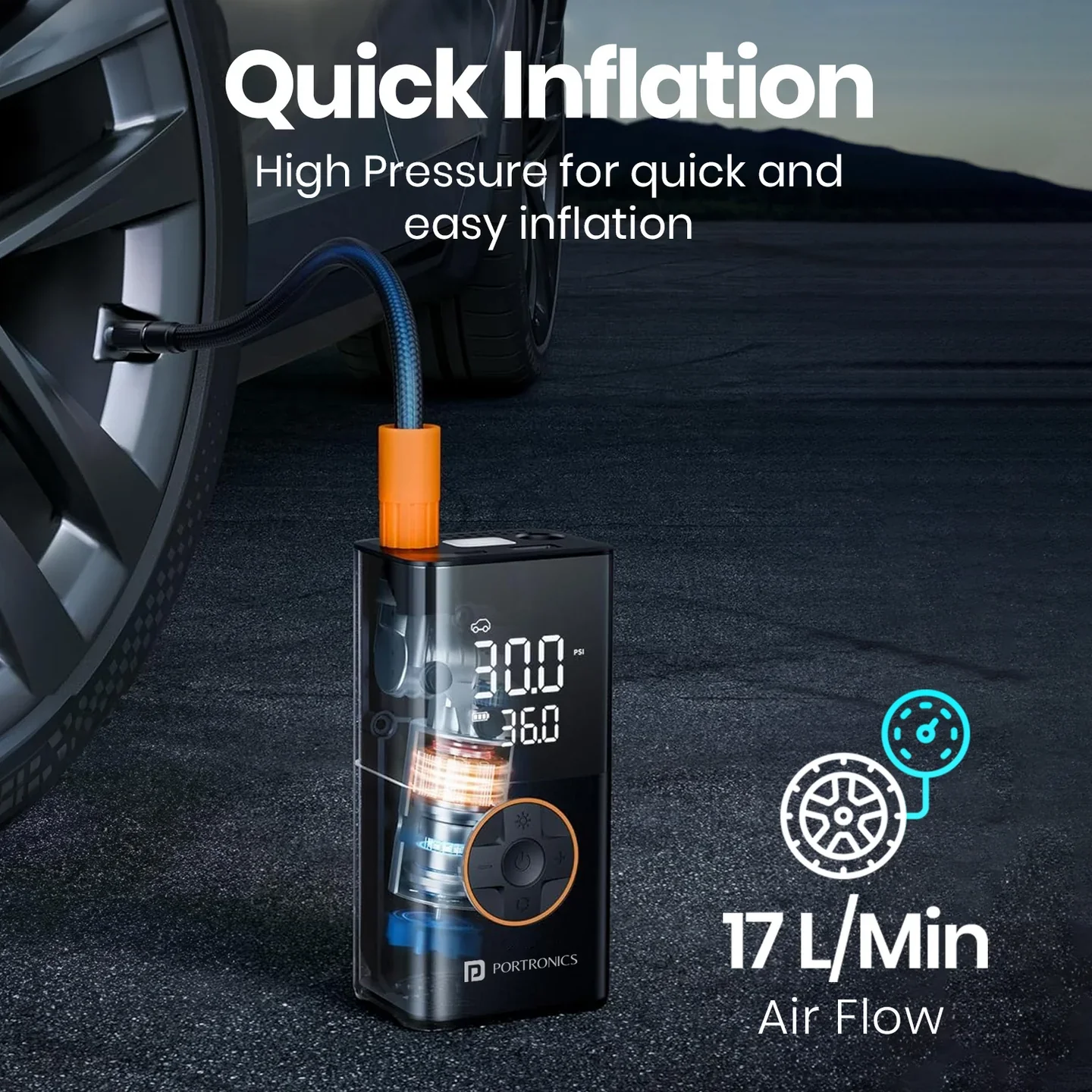 PORTRONICS Vayu 3.0 Rechargeable Tyre Inflator | Built-in Flashlight | Preset Modes | Rechargeable | 4,000 mAh Battery - Image 2