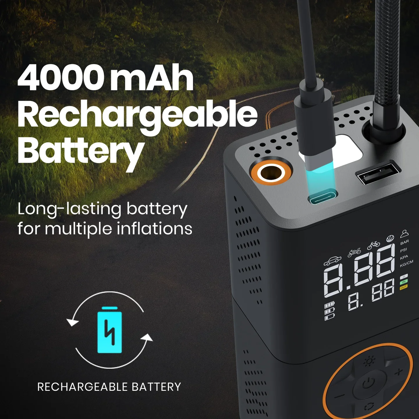 PORTRONICS Vayu 3.0 Rechargeable Tyre Inflator | Built-in Flashlight | Preset Modes | Rechargeable | 4,000 mAh Battery - Image 3