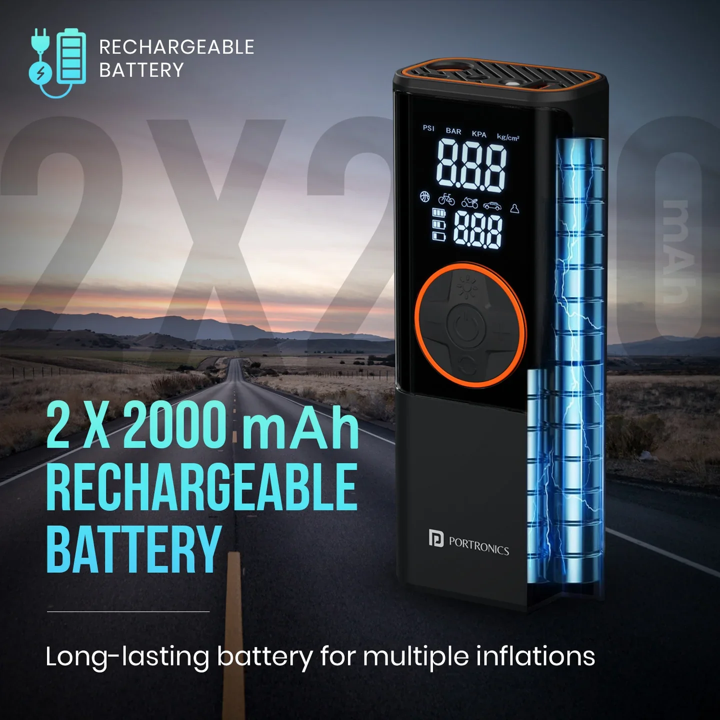 PORTRONICS Vayu 4.0 Rechargeable Tyre Inflator | Pre-set Inflation Modes | Digital Display | Dual Power Source | 2 x 2000 mAh Battery - Image 2