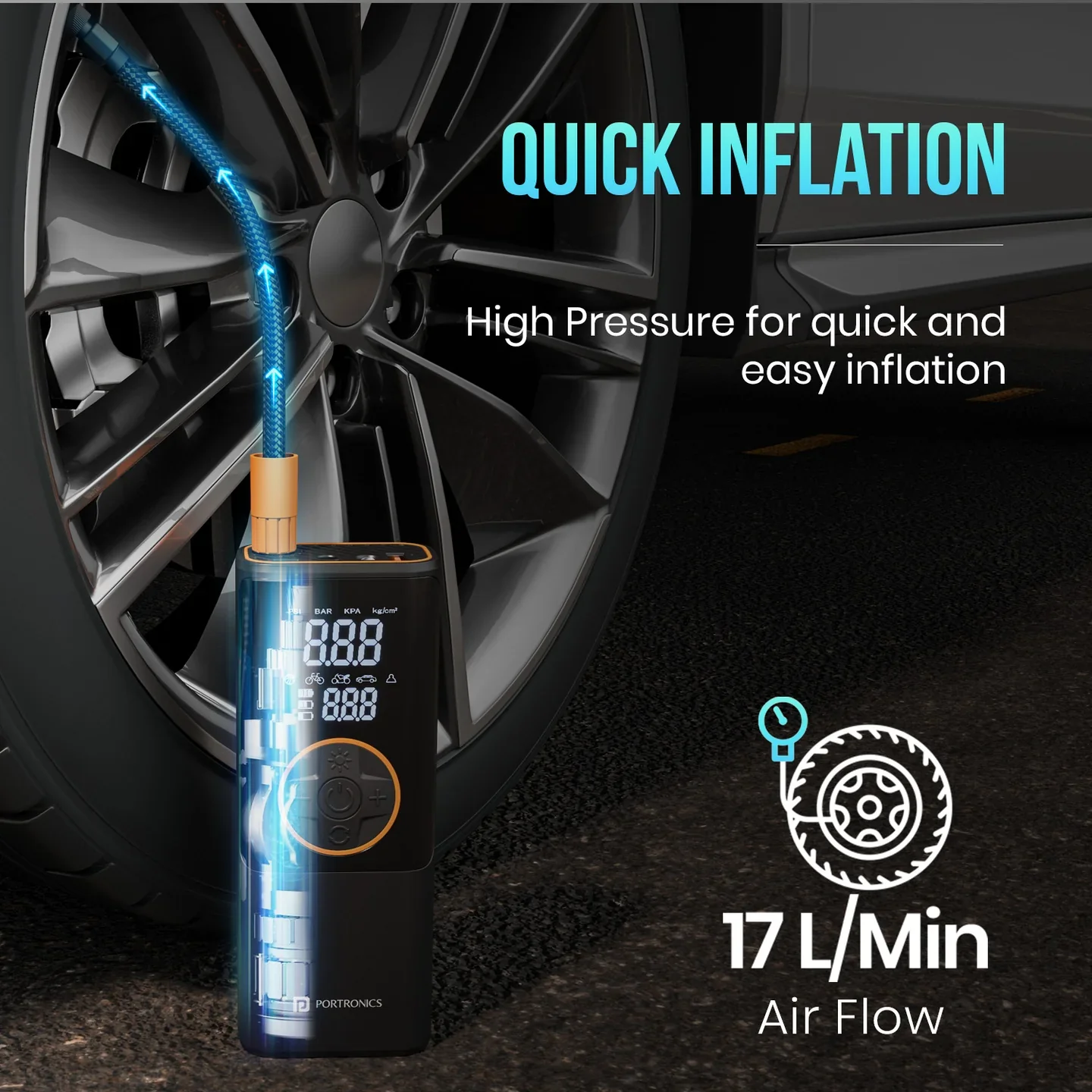 PORTRONICS Vayu 4.0 Rechargeable Tyre Inflator | Pre-set Inflation Modes | Digital Display | Dual Power Source | 2 x 2000 mAh Battery - Image 5