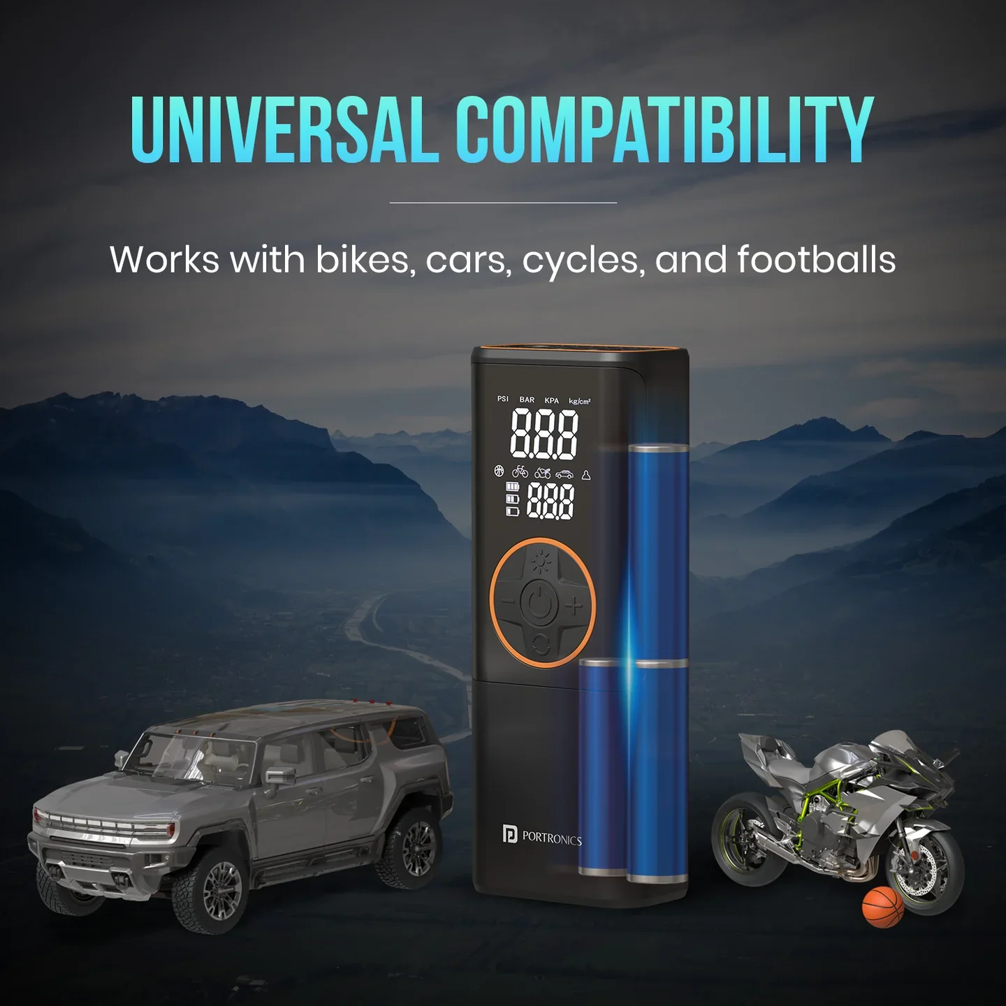 PORTRONICS Vayu 4.0 Rechargeable Tyre Inflator | Pre-set Inflation Modes | Digital Display | Dual Power Source | 2 x 2000 mAh Battery - Image 7