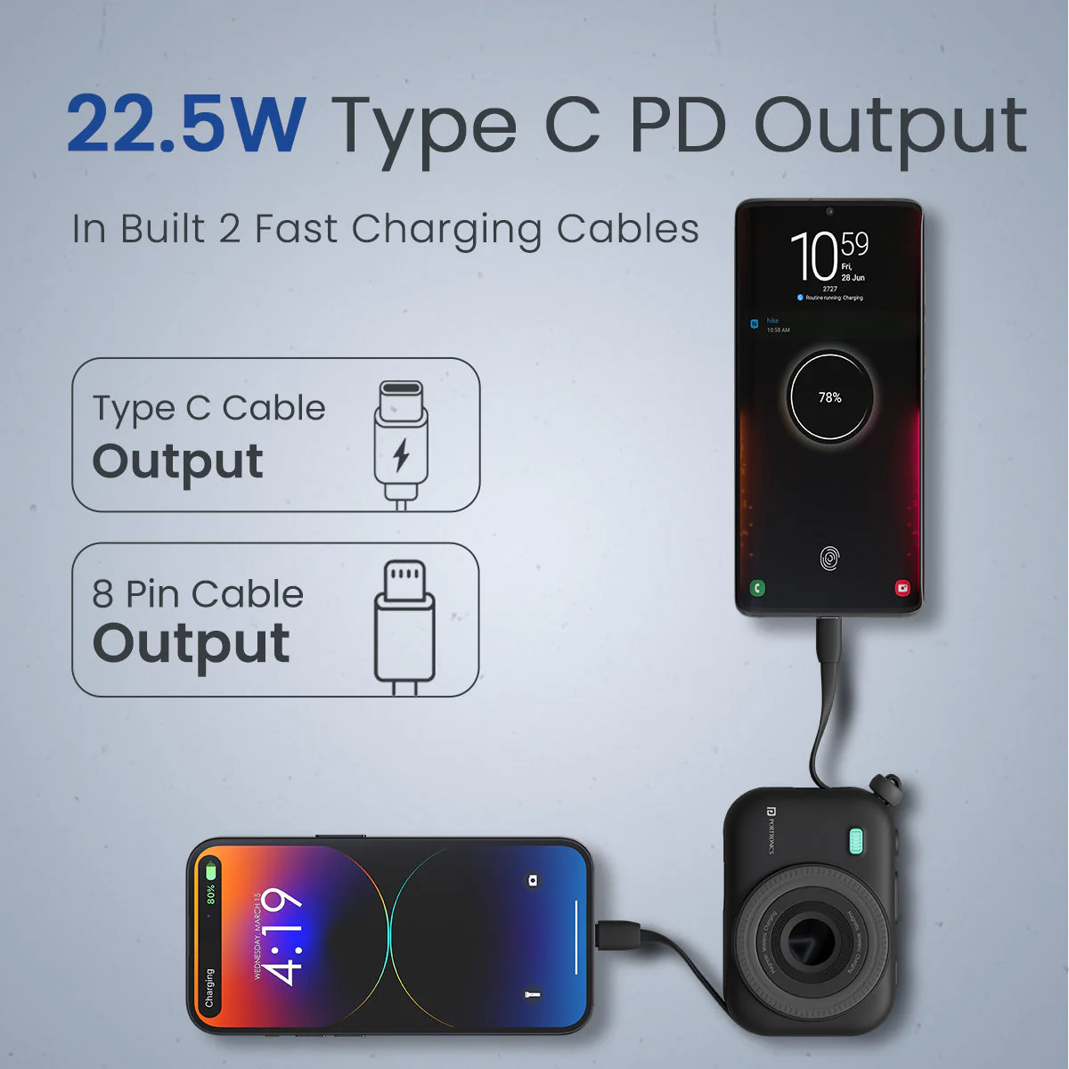 PORTRONICS Power Shutter Powerbank | 15W Wireless Charging | 22.5W Type C PD Output | In Built Type C & 8 Pin Cable | LED Display - Image 10
