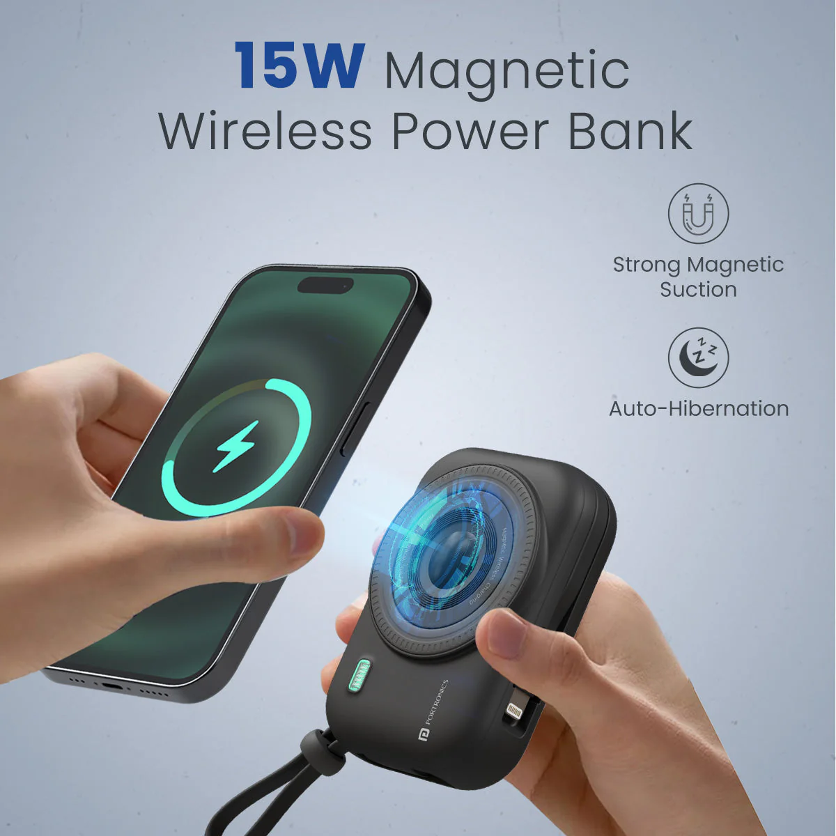PORTRONICS Power Shutter Powerbank | 15W Wireless Charging | 22.5W Type C PD Output | In Built Type C & 8 Pin Cable | LED Display - Image 12