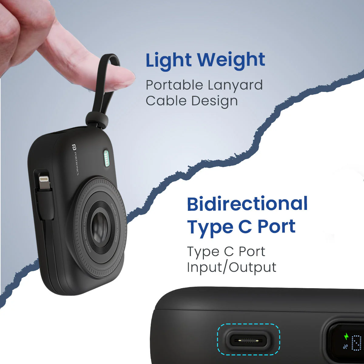 PORTRONICS Power Shutter Powerbank | 15W Wireless Charging | 22.5W Type C PD Output | In Built Type C & 8 Pin Cable | LED Display - Image 25