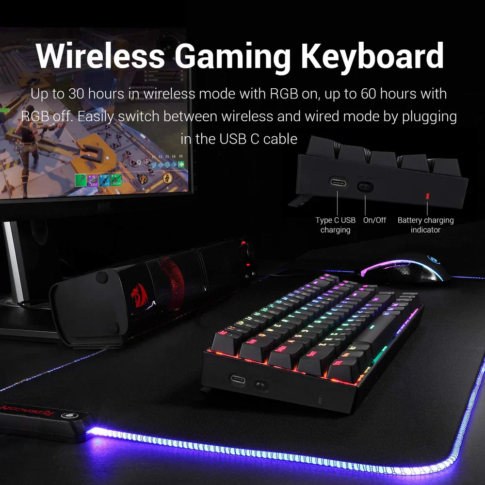 Redragon DEIMOS K599 - TKL 2.4G+Wired RGB Mechanical Keyboard (Red Switch) - Image 5