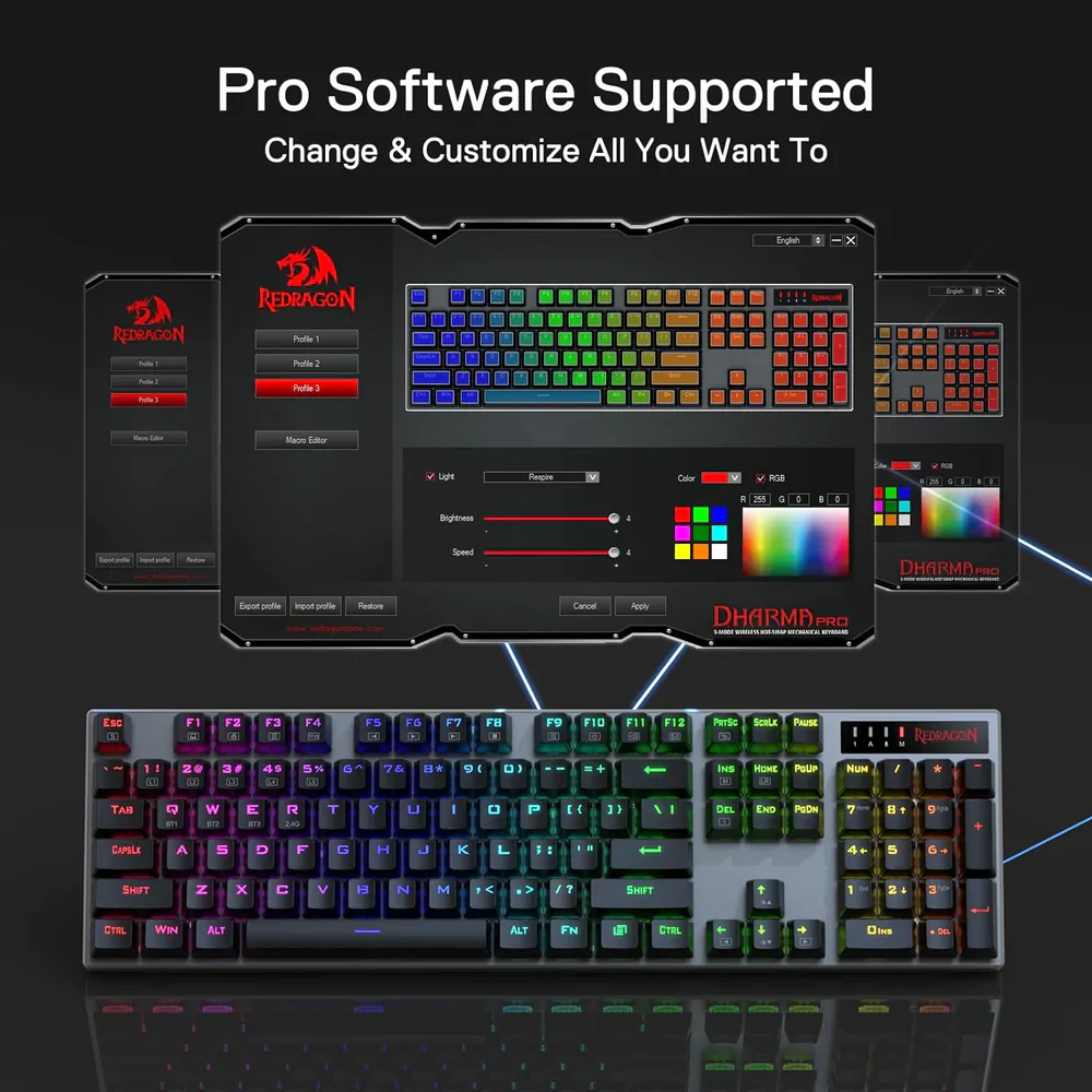Redragon Dharma Pro K556 Pro - 104 Keys Bluetooth+2.4Ghz+Wired Mechanical Keyboard (Quiet Linear Red Switch) - Image 11