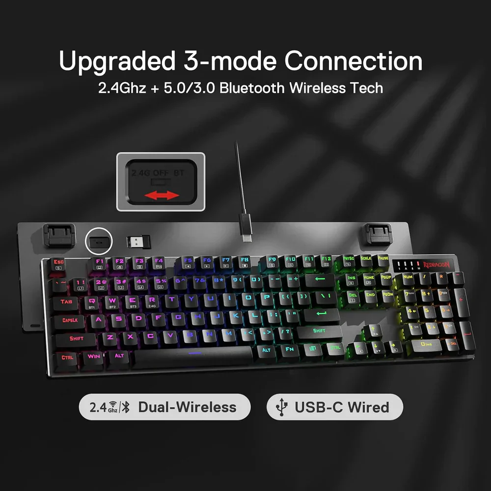Redragon Dharma Pro K556 Pro - 104 Keys Bluetooth+2.4Ghz+Wired Mechanical Keyboard (Quiet Linear Red Switch) - Image 5